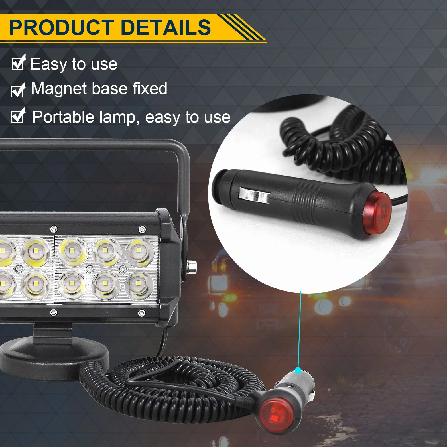 AUXTINGS 7 pulgadas 36W portátil LED punto de pieza haz offroad faro encendedor de cigarrillos interruptor con soporte de base magnético para coche, SUV, remolque, tractor, camión,12V 24V,6000K