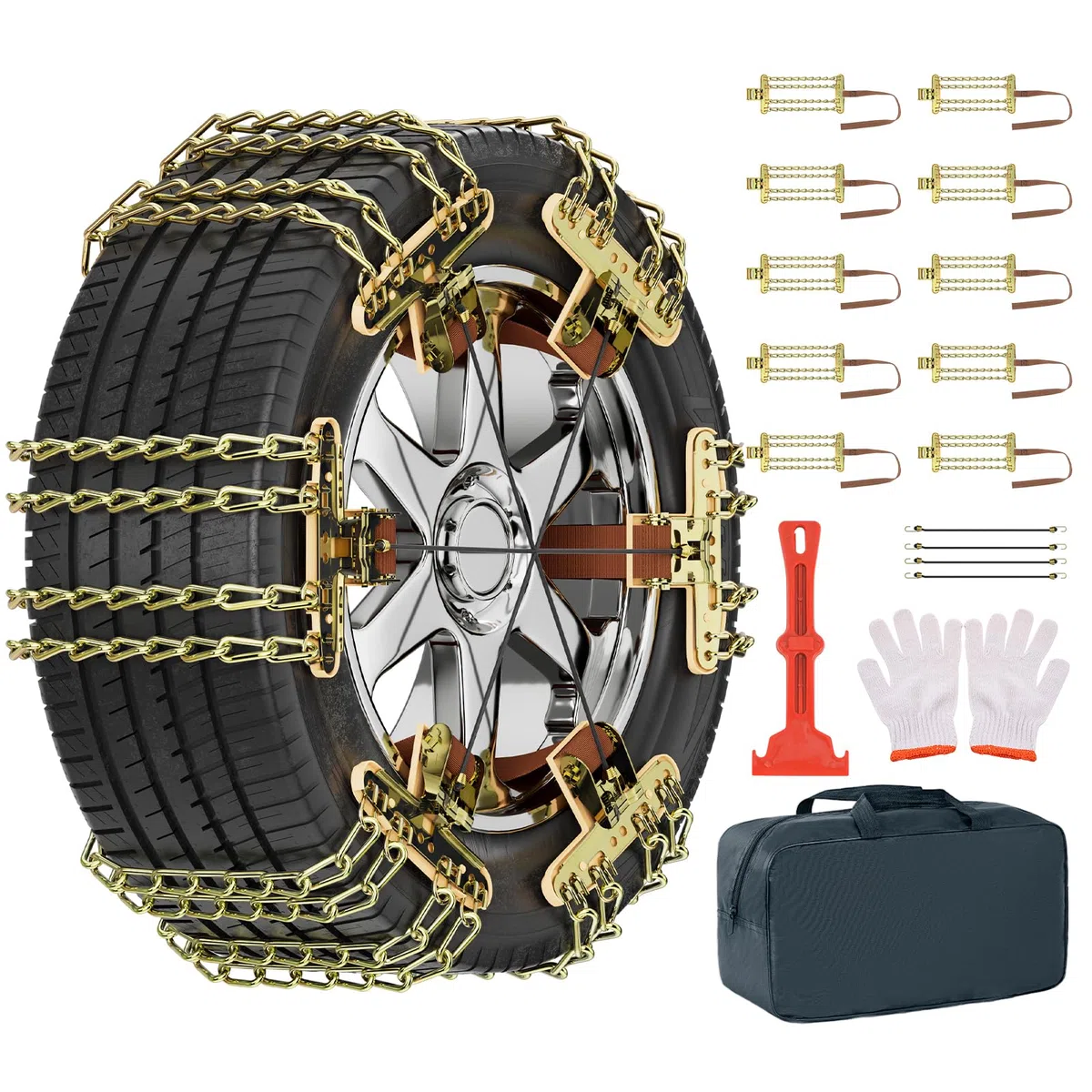 MOONCOOL 10 unidades (1 juego) Cadenas de nieve universales para coche, fácil montaje, para neumáticos de 215 – 285 mm de ancho, con guantes, gancho, bolsa de transporte, cuerda de amarre, para