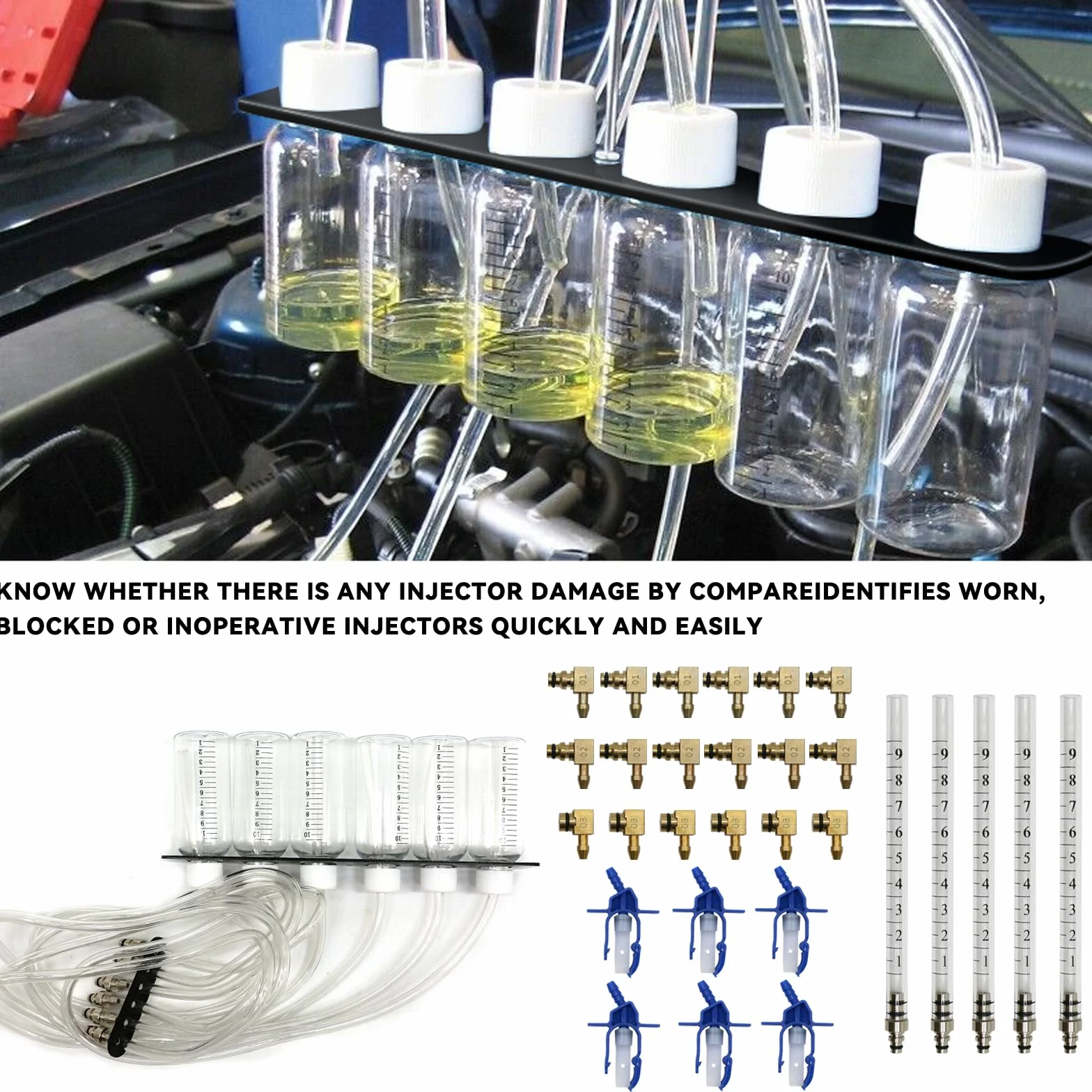 Kit de prueba de fugas diésel, probador de fugas de riel común, probador de fugas de 6 cilindros, medidor de flujo de inyector diésel, kit de prueba de riel de inyección de motor con 24