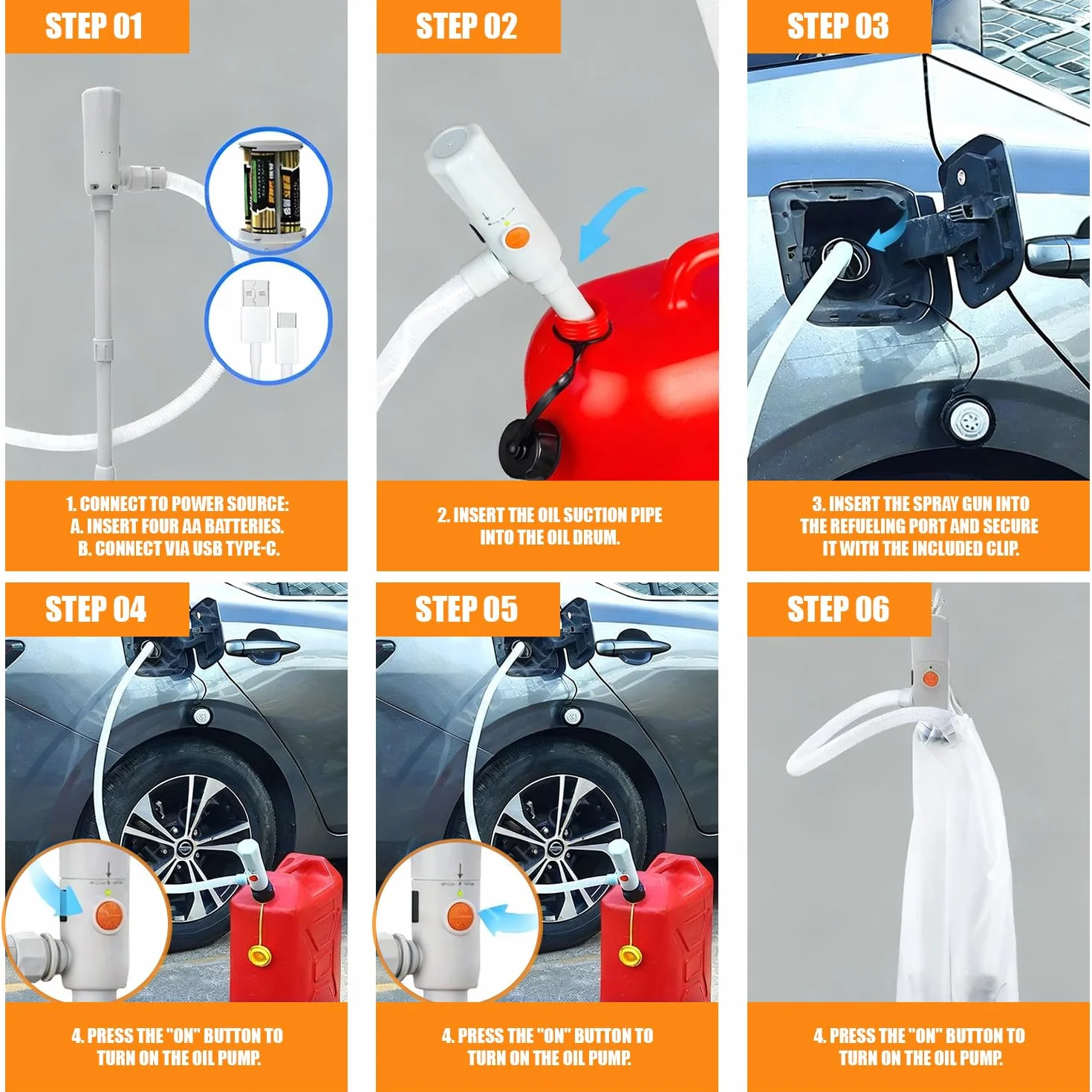 Bomba de gasolina para bidón – Doble alimentación (USB-C/AA), 3,2 GPM, bomba de transferencia de combustible eléctrica con parada automática, bomba de aceite eléctrica portátil, manguera de 51
