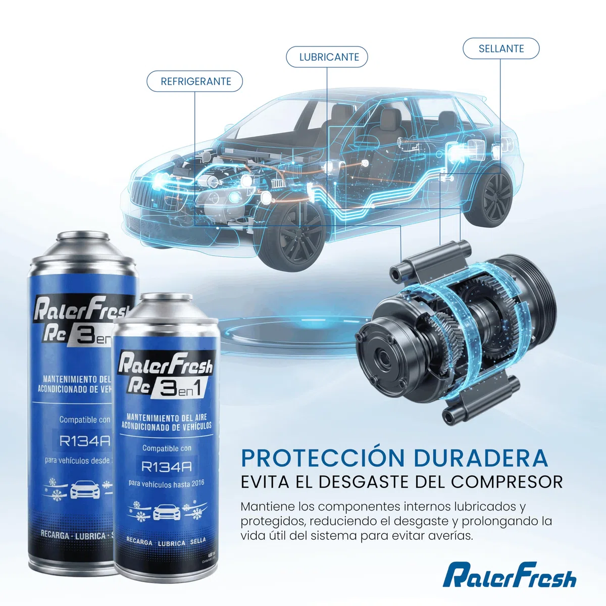 Ralerfresh RC 3 en 1 – Recarga de Aire acondicionado coche R134A hasta 2016 - Gas refrigerante, Sella fugas, lubricante (2 Botellas RC 3 en 1 de 500ml)