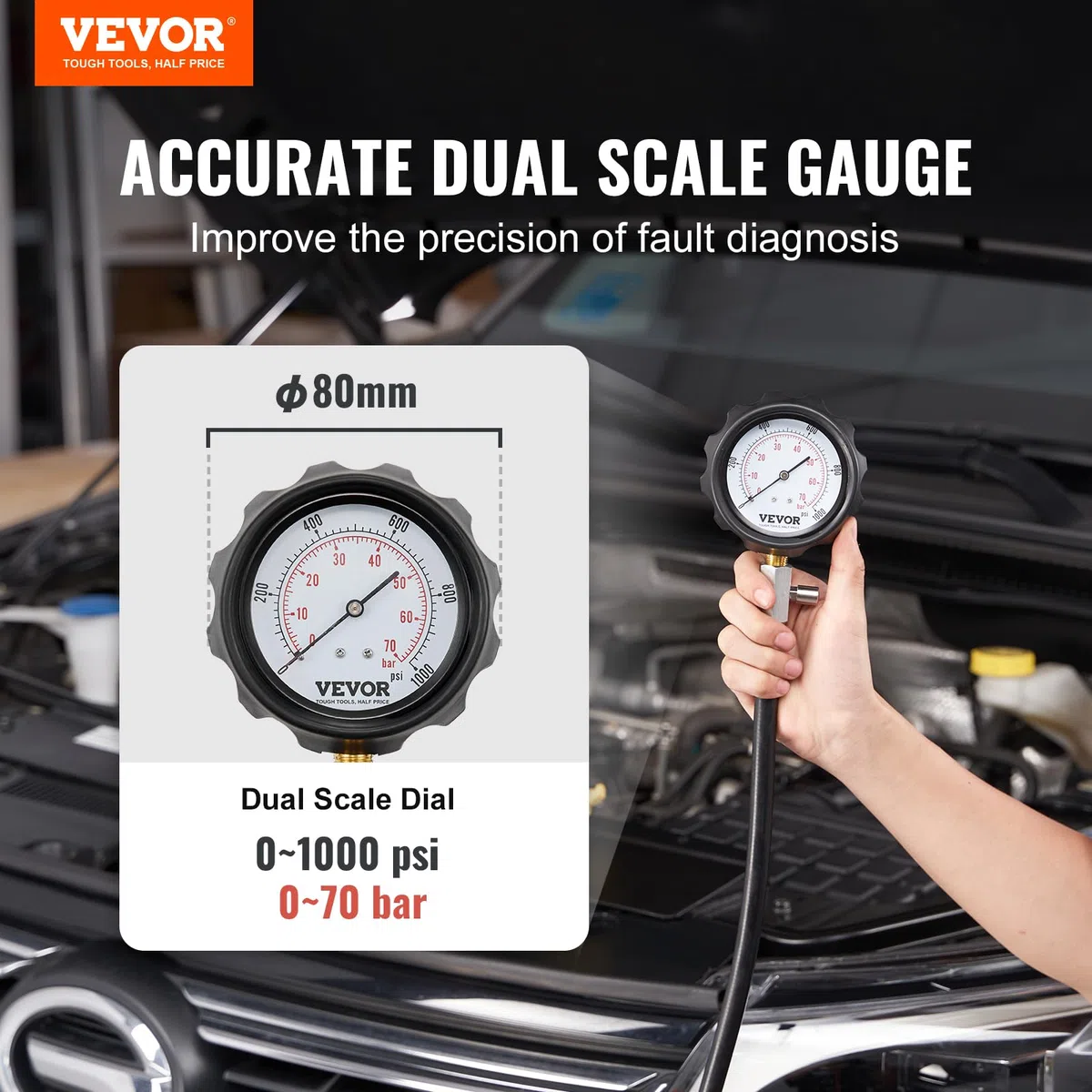 VEVOR Comprobador de Compresión 18 Kits de Adaptadores Compresiómetro para Motor Diésel Medidor de Compresión 0-70 bar/0-1000 PSI Herramienta de Diagnóstico de Cilindro de Motor Taller de Motocicleta