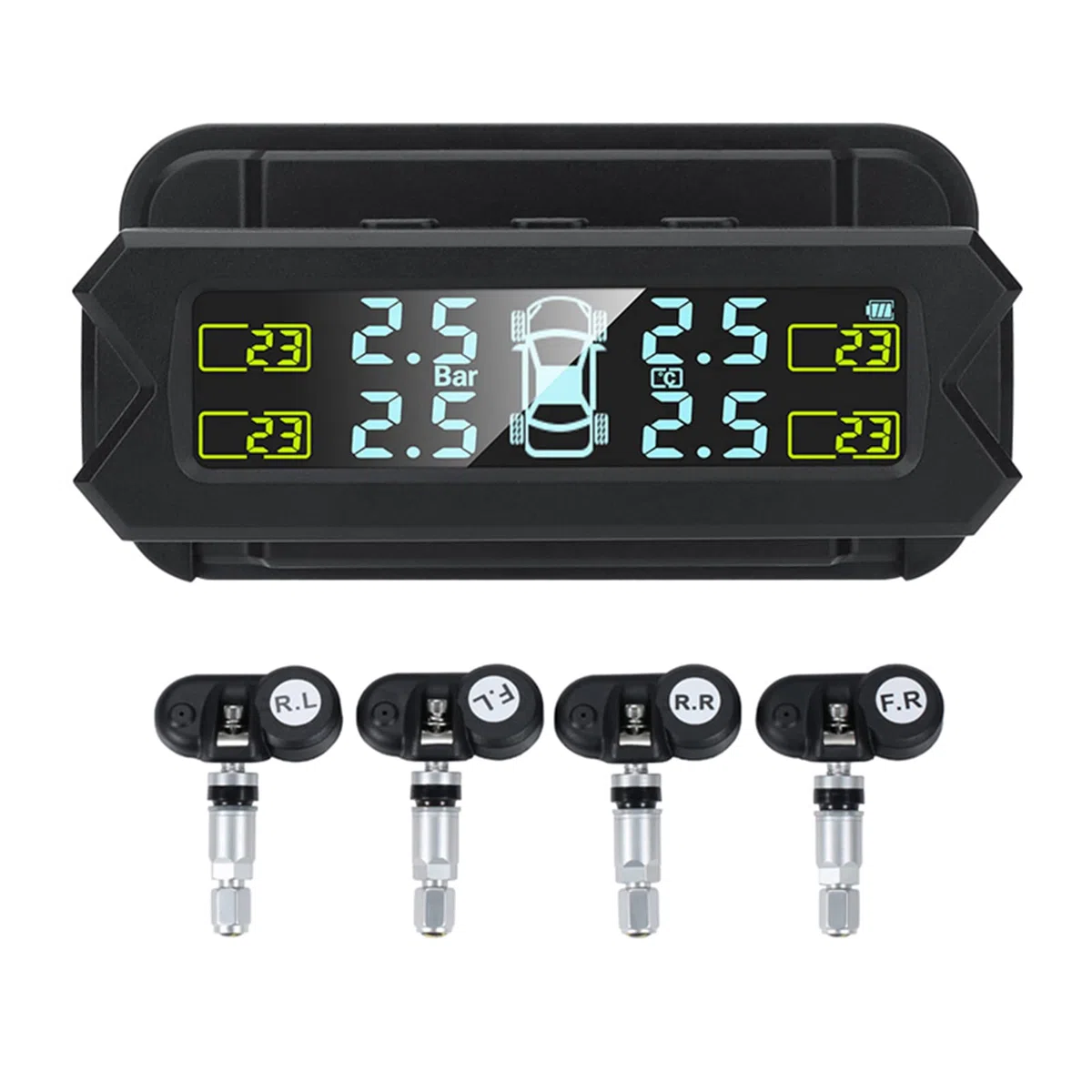Shkalacar USB/Solar TPMS 0-81 PSI Sistema de Control de Presión de Neumáticos con 4 Sensores, 5 Modos de Alarma, Pantalla LCD con Retroiluminación Automática para Coche Sedán SUV MPV (Interno)