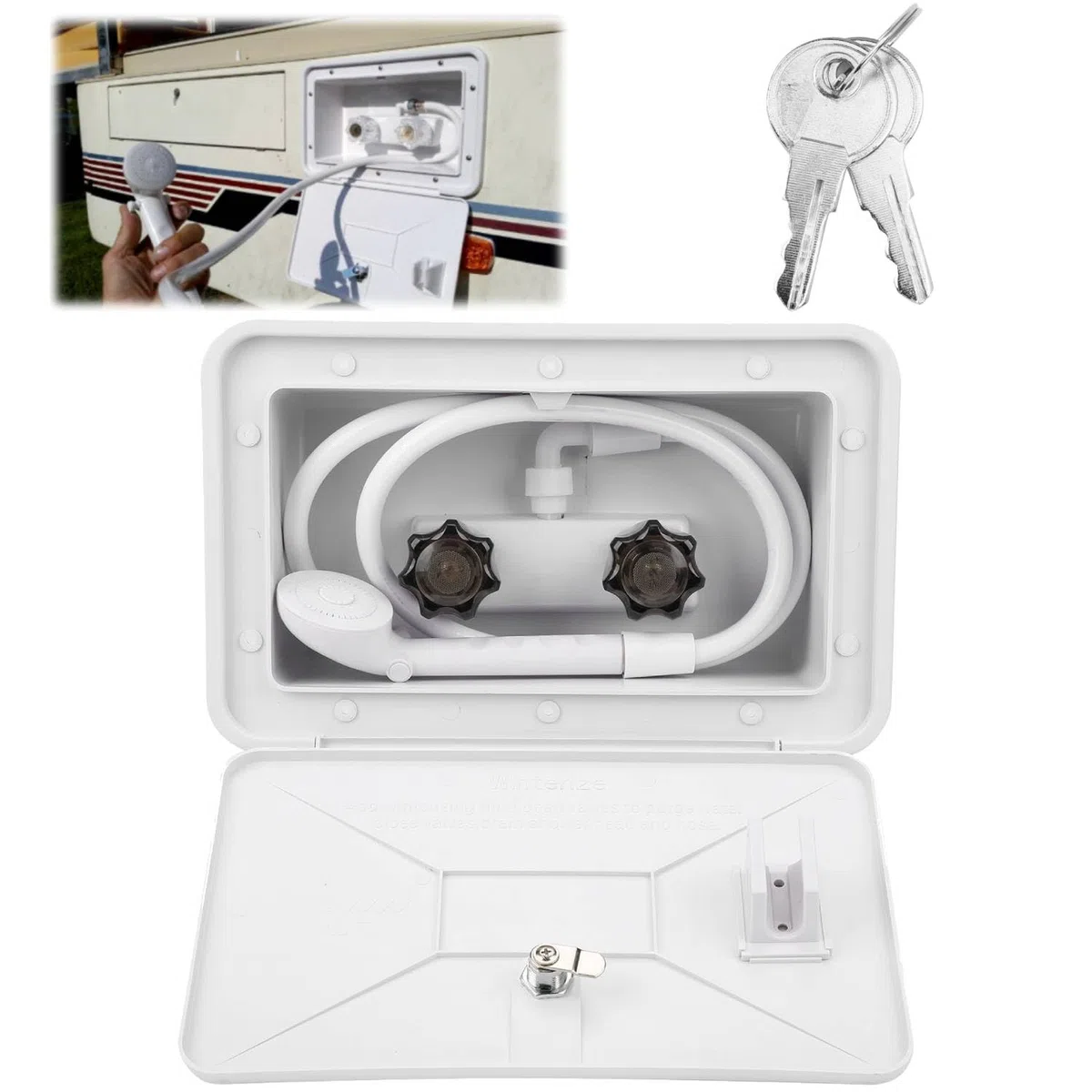 Tissting Kit de Ducha Exterior, Completo con Grifo y Manguera Reforzada de 51 Pulgadas, Cabezal con Cierre Rápido y Soporte para Caravana, Furgoneta Barco y Actividades al Aire Libre para Aventureros