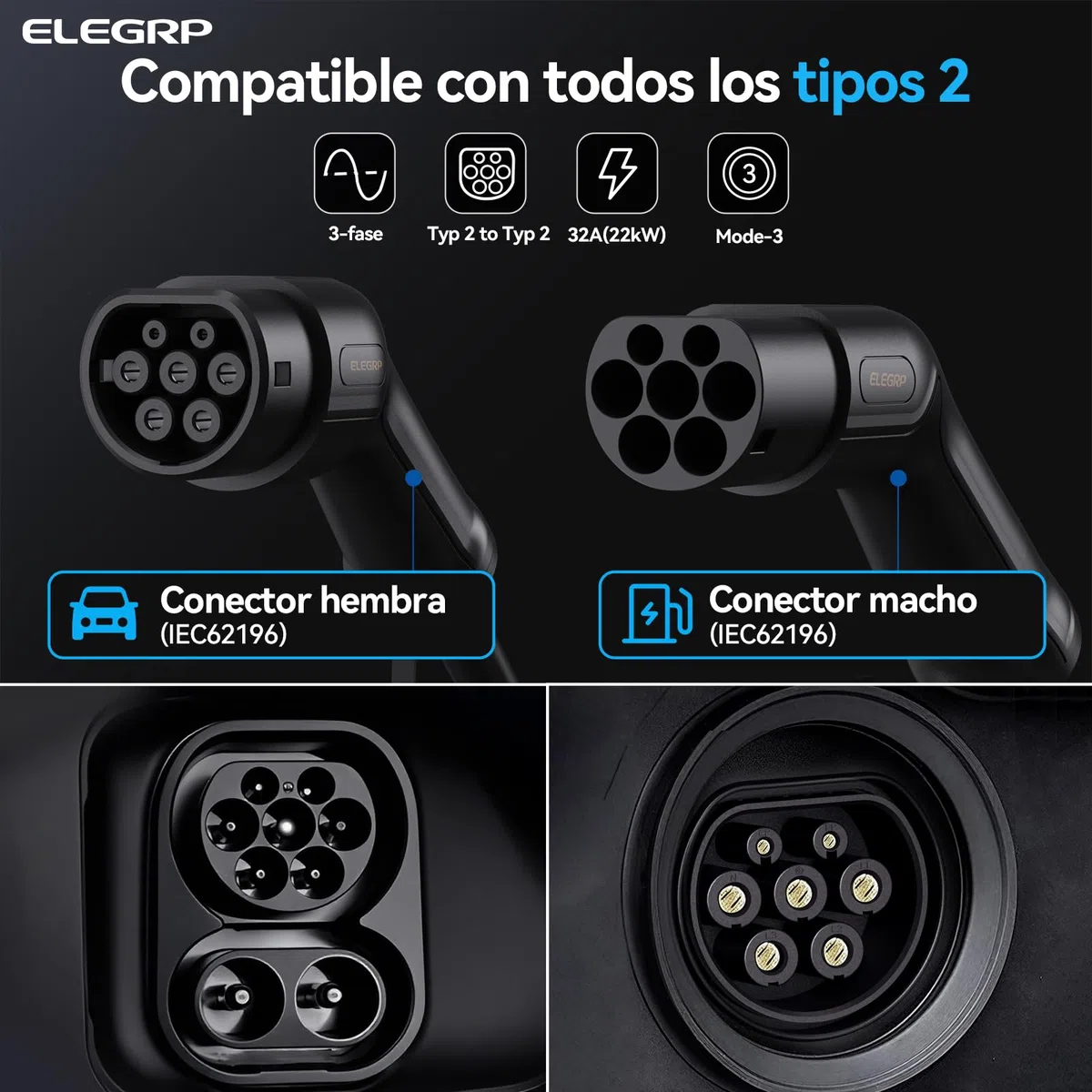 ELEGRP Cable de carga tipo 2, 22kW 5M 32A 3-Fásico, Cable de carga tipo 2 a tipo 2 modo 3 para coche eléctrico EV/PHEV con bolsa de transporte, Compatible con Model S/3/X/Y, VW ID.3 ID.4 e-Golf y