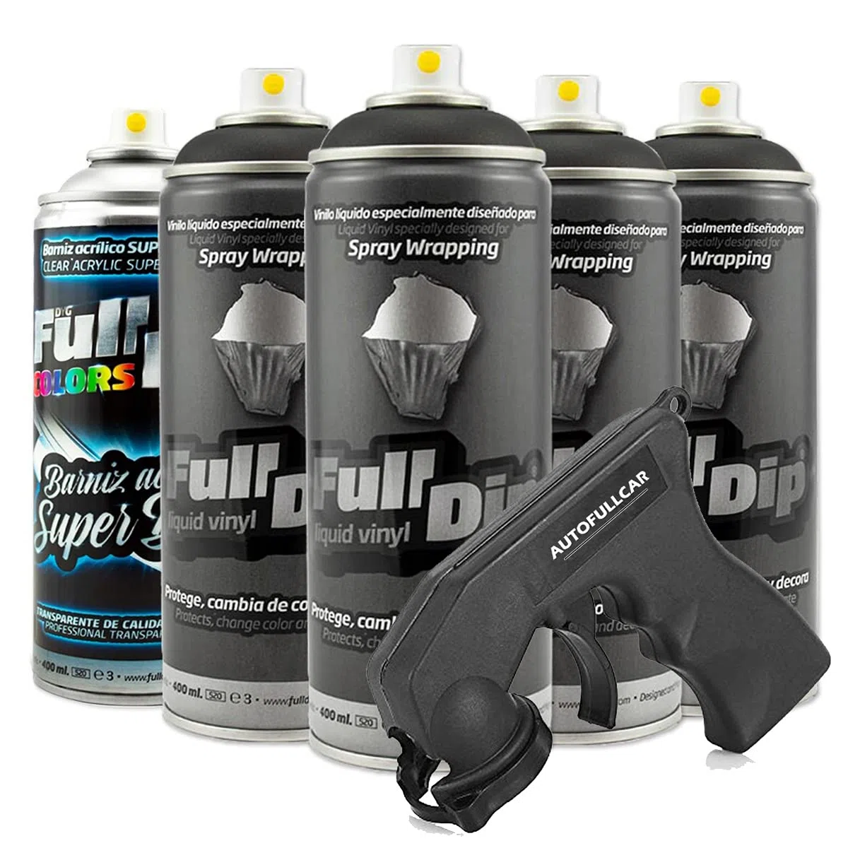AutoFullCar – Pack Llantas Vinilo Líquido Full Dip Negro + Barniz Brillo, 5 Sprays × 400 ml + Adaptador de Regalo | Pelable y Resistente al Agua | Cubre 4 Llantas hasta 20″ | Aplicación Fácil