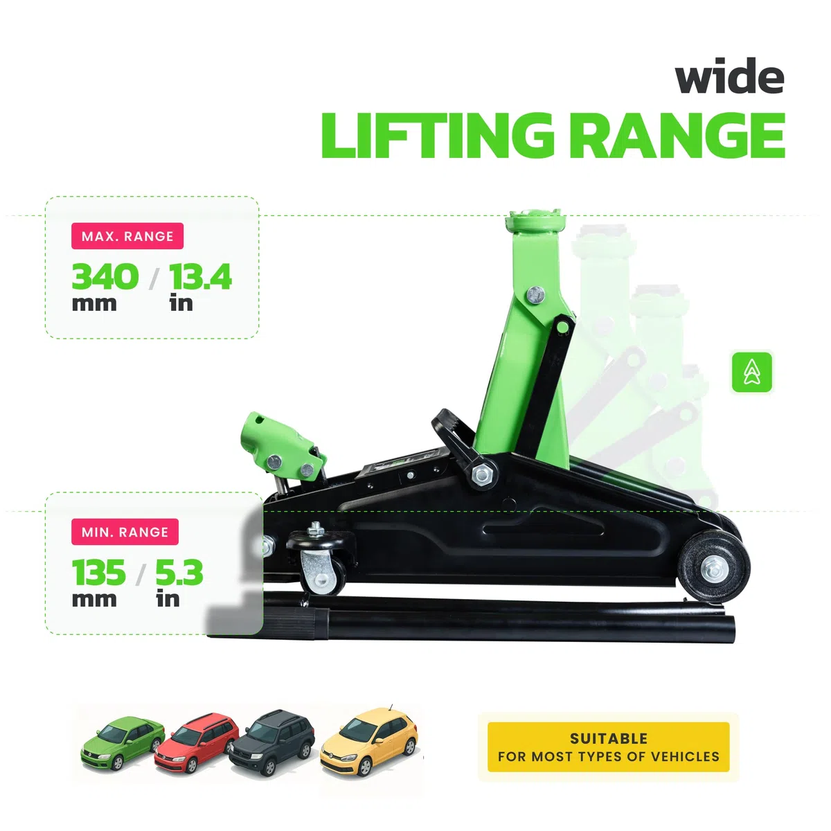 Cric hidráulico de 2 toneladas DRIVEUPTOOLS con maleta de transporte – Altura de elevación 13,5–34 cm – Compacto y robusto para coches y SUV – Herramienta confiable de 2000 kg para garaje y taller