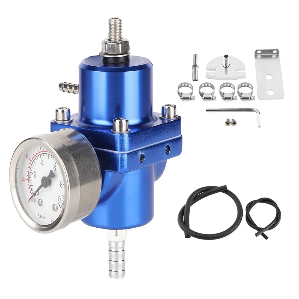 Regulador de presión de combustible, regulador de presión de combustible universal FPR de aleación de aluminio con manguera de calibre 0-140psi ajustable(azul)