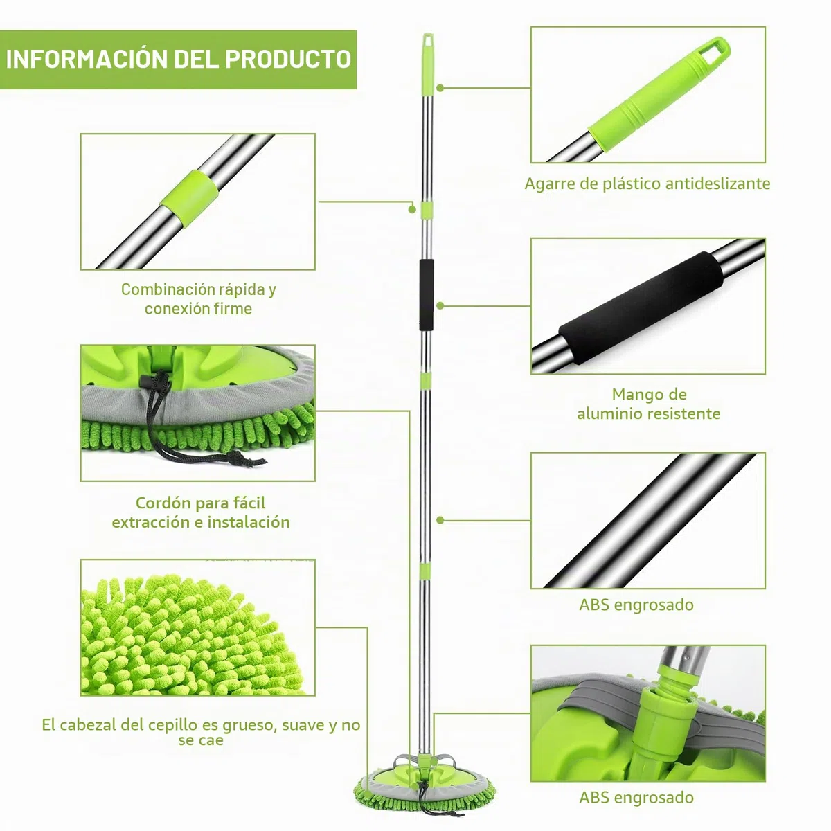 Kit de limpieza de coche, 62 pulgadas, guante de fregona con mango largo, juego de cepillos de detalles de coche, suministros completos de limpieza de coche