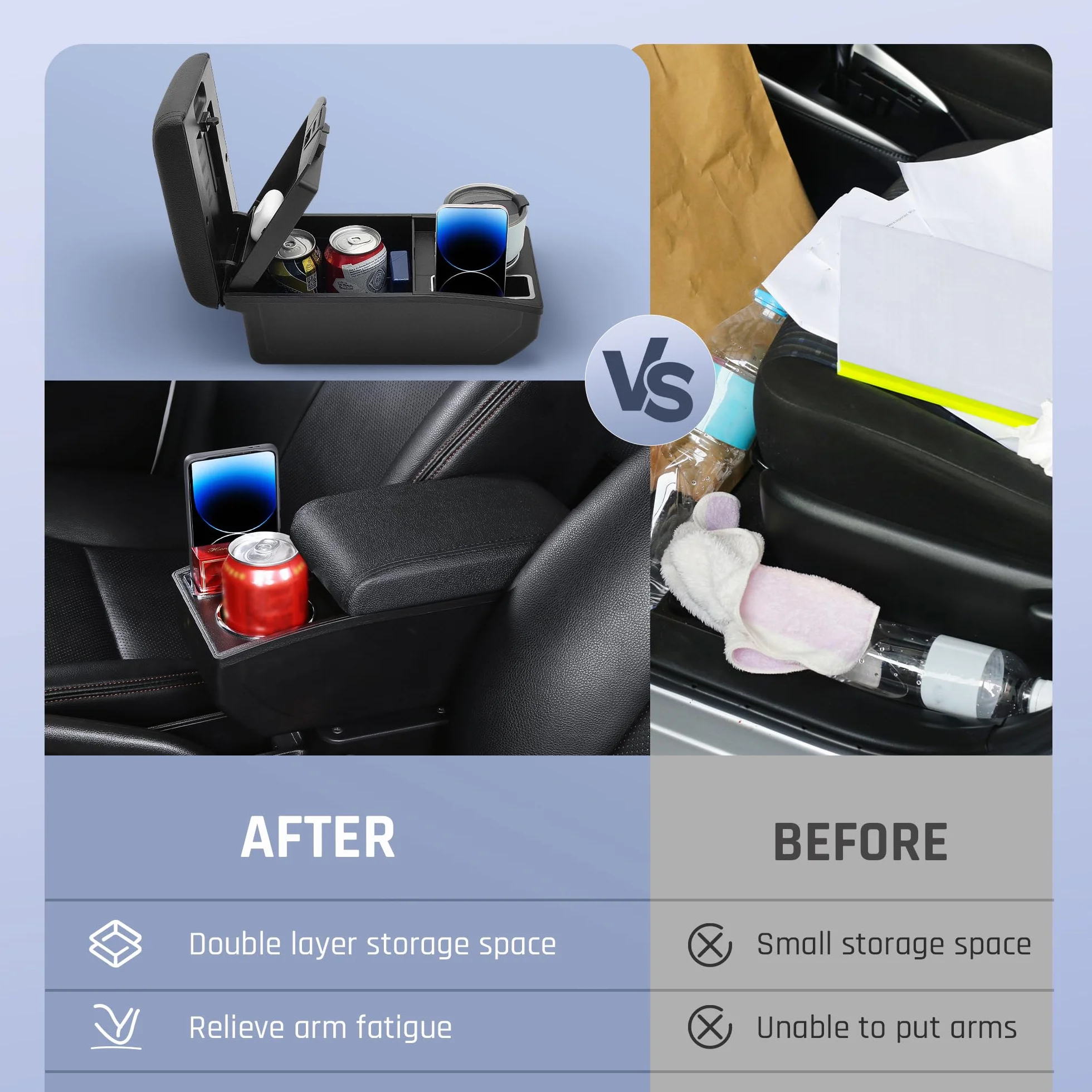 Apoyabrazos para Citroen Berlingo 2010-2020 Consola Central de Coche Doble Capa de Espacio de Almacenamiento con Portavasos Fácil de Montar Cuero Cómodo y Duradero Negro (Línea Negra)