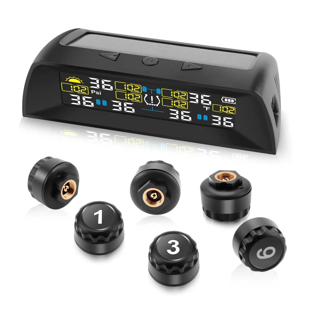 KAOLALI TPMS Sistema de Control de presión de neumáticos, con 6 Modos de Alarma, Carga Solar y Carga USB, con Pantalla LCD a Color y 6 sensores de presión de neumáticos externos, 0-9,9 Bar(0-144PSI)