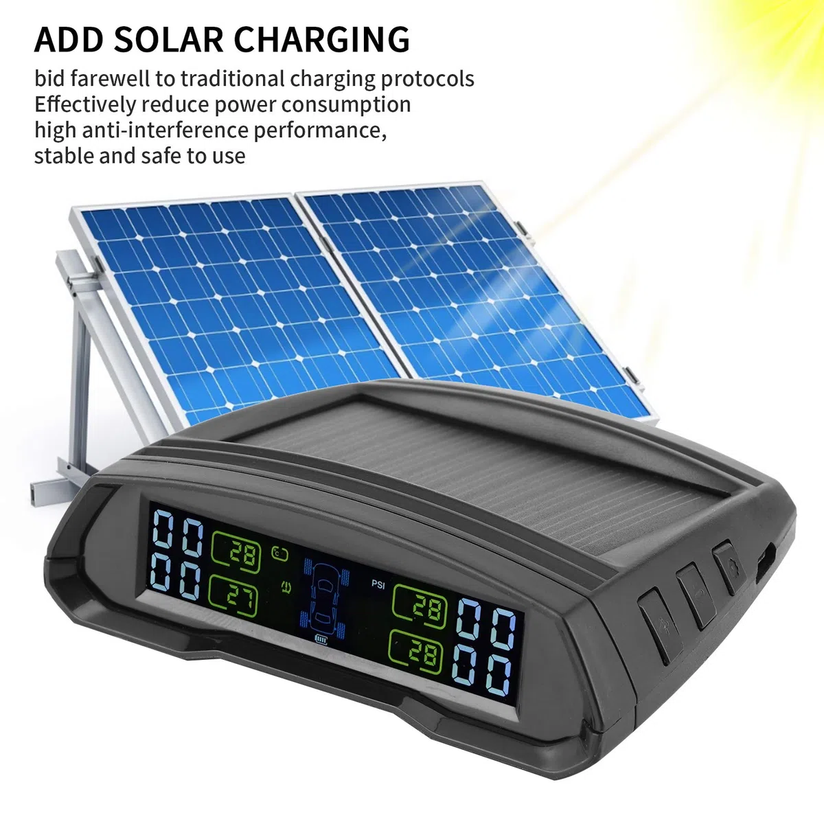Akozon de monitoreo de presión de neumáticos, TPMS inalámbrico TPMS de energía Solar o USB con 4 sensores para Autocaravana, Remolque, Autocaravana