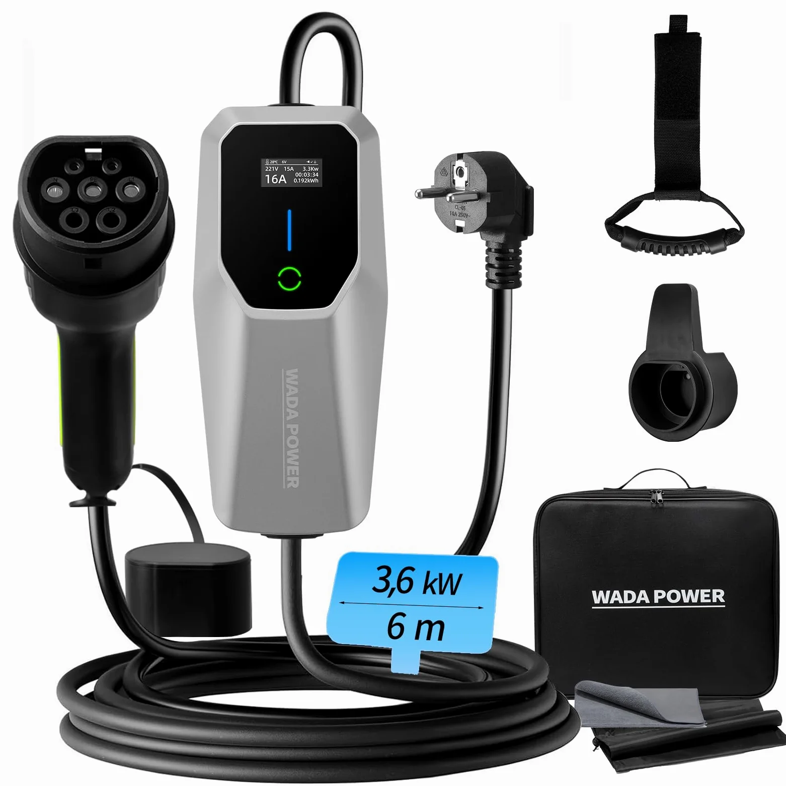 Cable de carga para coche eléctrico 3,68 kW [16 A, 6 m]: portátil cargador de coche eléctrico monofásico tipo 2 con enchufe Schuko, EV Charger con LCD control digital, IEC 62196-2