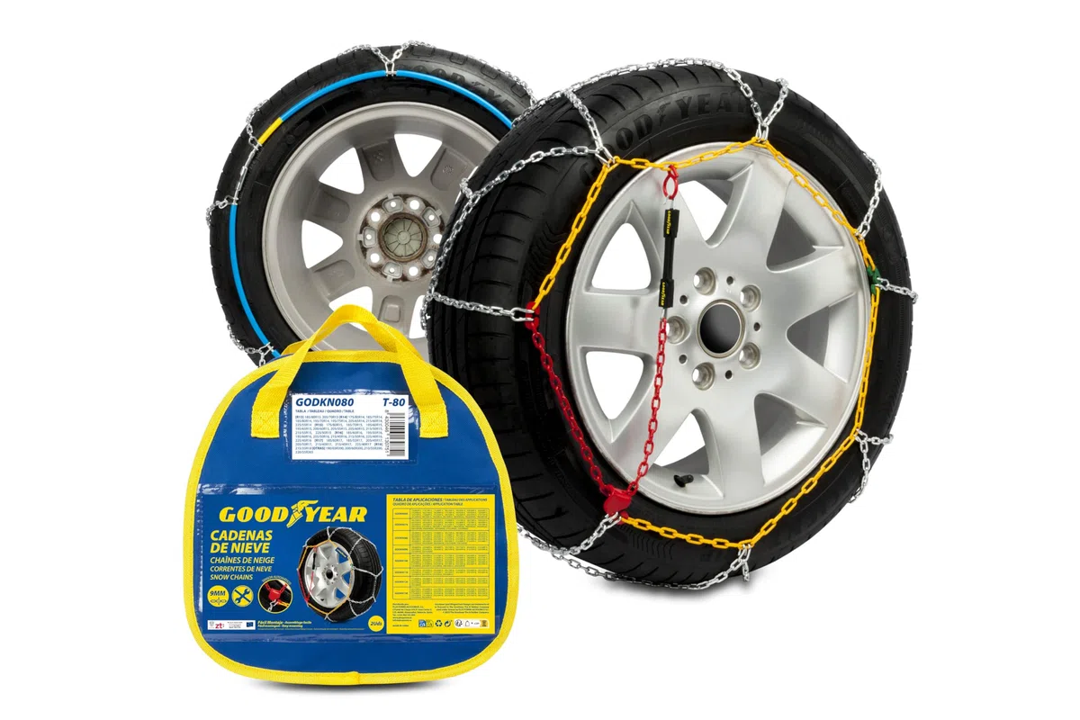 Goodyear Juego de 2 Cadenas de Nieve Metálicas para Coche de 9 mm Talla 80 con Tensor Automático Goodyear