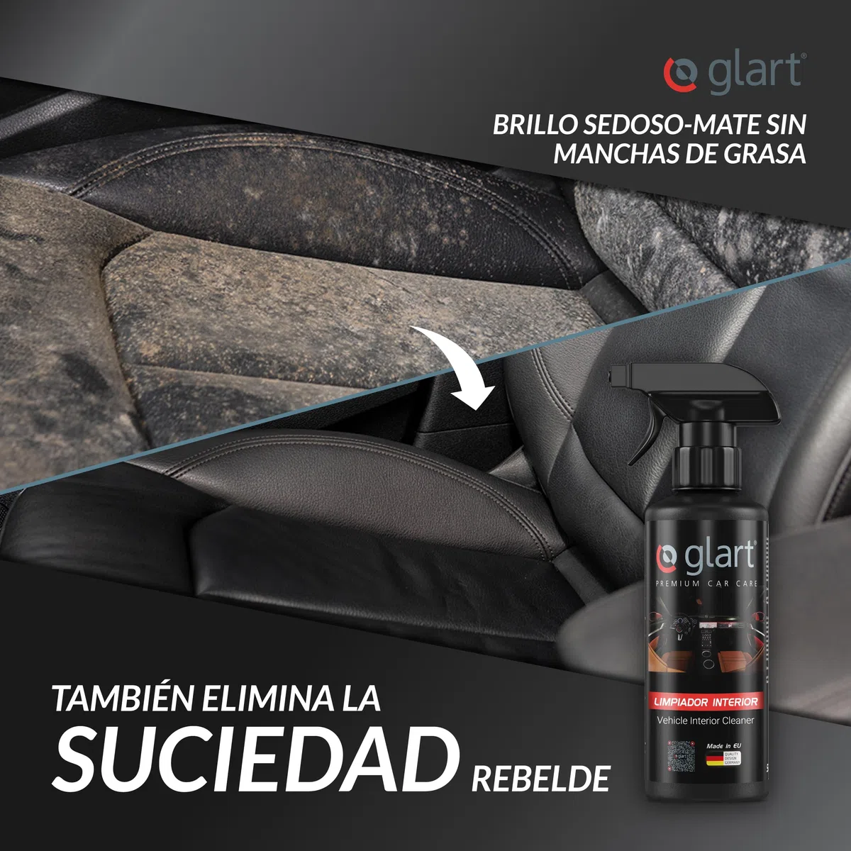 Glart 3x limpiador interior de coche 500 ml + 3 paños de microfibra para el habitáculo del coche, tapicería, cuero, limpiador interior, cuidado del coche