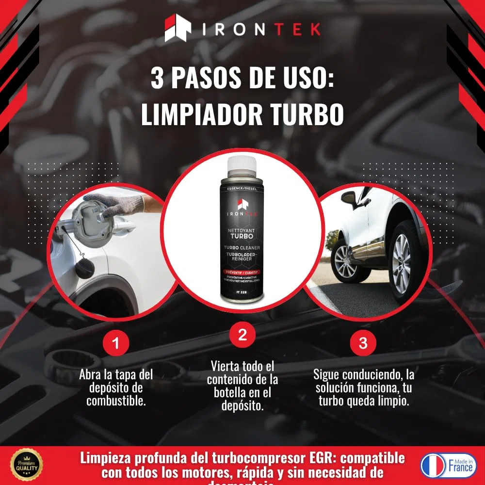 Limpiador Turbo Gasolina y Diesel 300ml - Irontek IT225 | Decalaminiza Turbocompresor sin Desmontaje | Previene Gripaje | Limpia Geometría Variable | Preventivo y Curativo | Compatible Post-Combustión