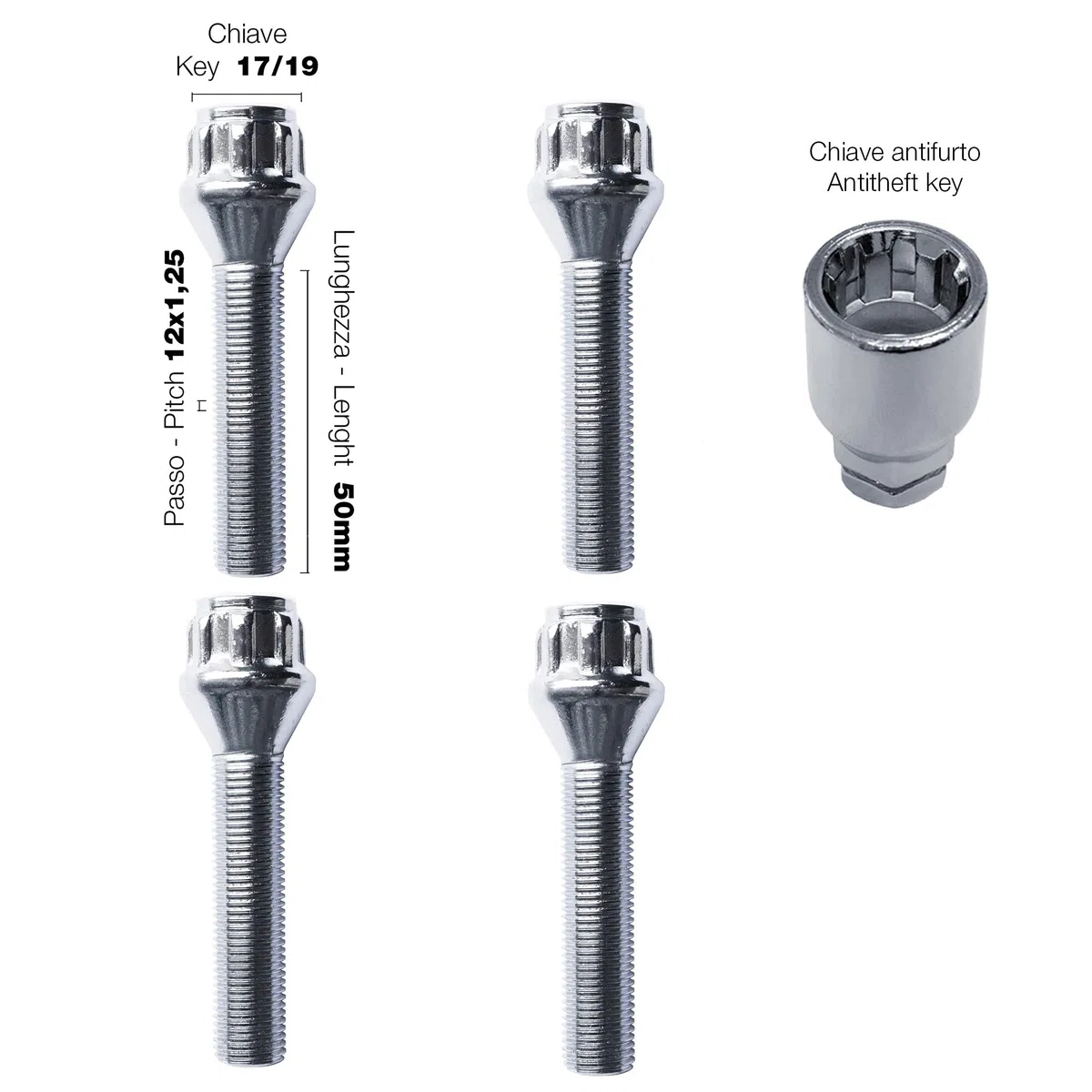 SIMONI RACING BRA/60 Kit 4 pernos antirrobo - Tornillos antirrobo para ruedas llave 17-19 M12x1.25 Longitud 50 mm