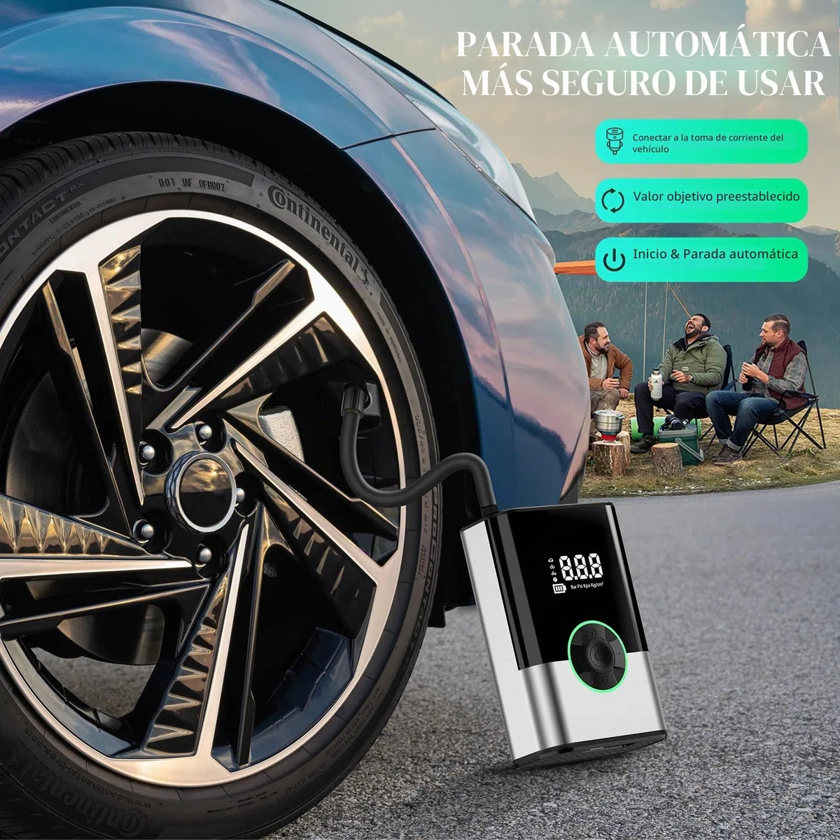 6000Mah Compresor Aire Portatil, 150PSI Inflador Ruedas Coche Mini Bomba de Aire Bicicleta Electrica con Pantalla LCD Digital y Linterna LED，con 4 Boquillas para Coches, Motos