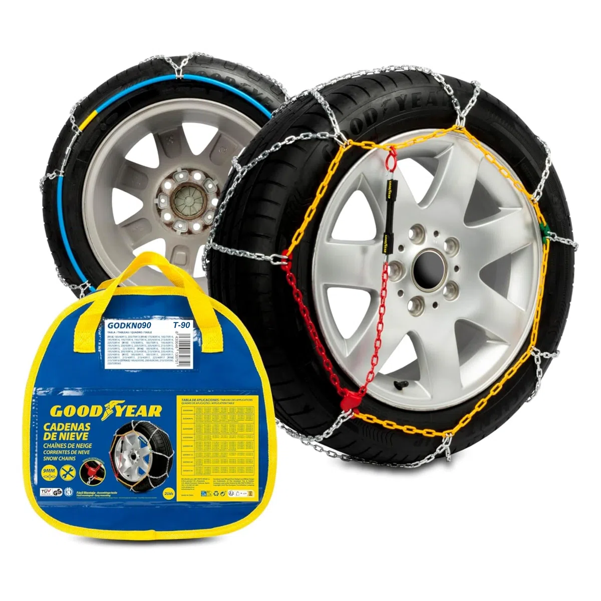 Goodyear Juego de 2 Cadenas de Nieve Metálicas para Coche de 9 mm Talla 90 con Tensor Automático Goodyear