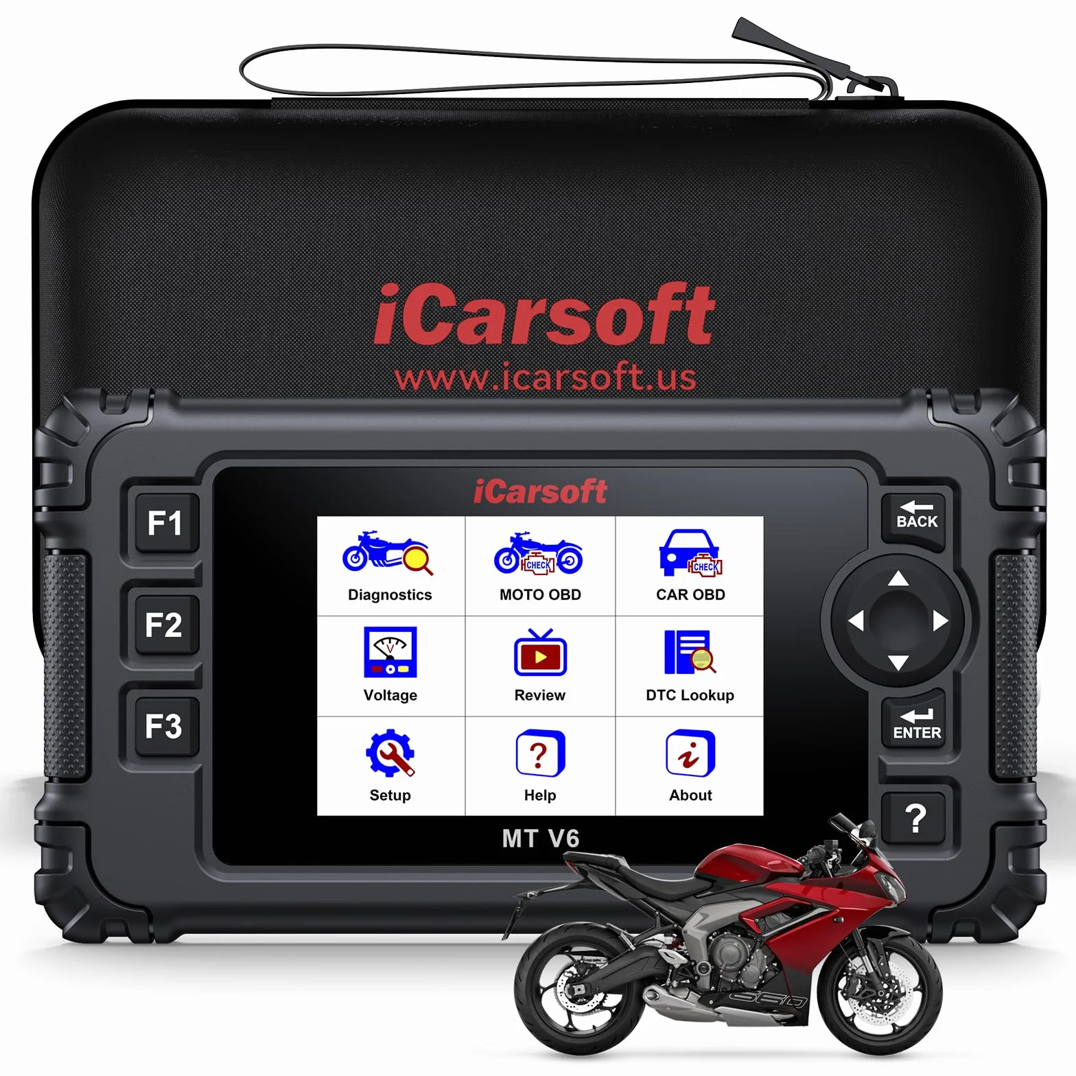 iCarsoft MT V6 para Triumph Moto, Herramienta de Diagnosis de Sistema Completo hasta 53 Servicios hasta 55 Pruebas Activas Lector de códigos de Motor Prueba de batería y actualización de por Vida