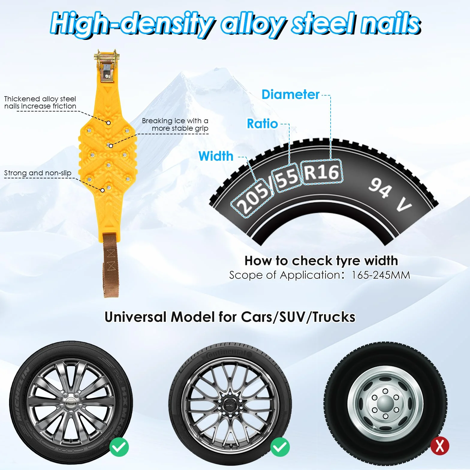 Cadenas para Nieve para Coche Ninonly 8Pcs Cadenas de Nieve Universale de Emergencia Ajustables para Vehículos Coche Camioneta SUV Adecuadas para Neumáticos Ancho 165mm - 245mm