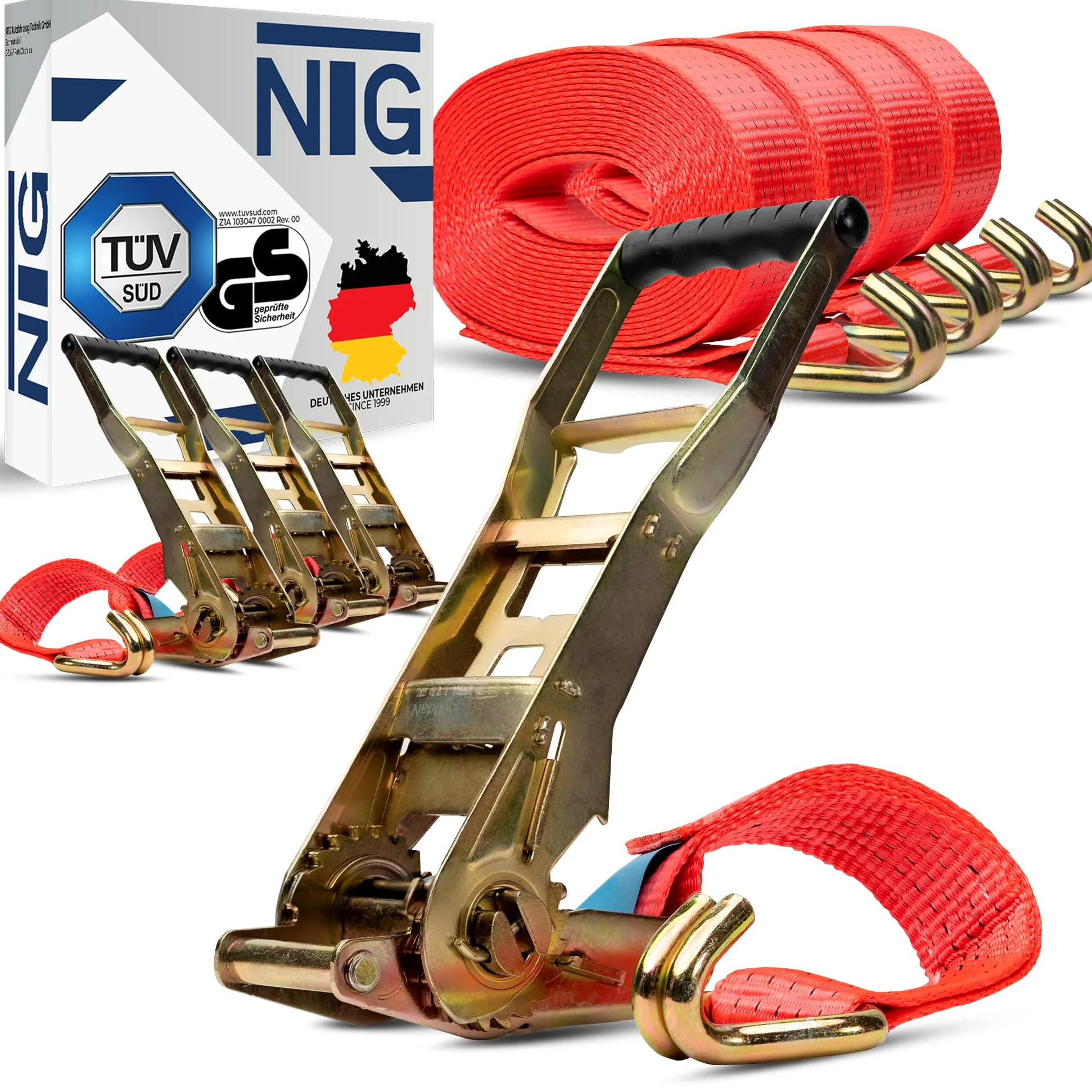 4 unidades 5000 kg 10 m correas tensoras con trinquete Ergo Langhebelratsche – TÜV/GS – Gancho de trinquete de amarre 2 piezas correa tensora para camiones correas de amarre 50 mm