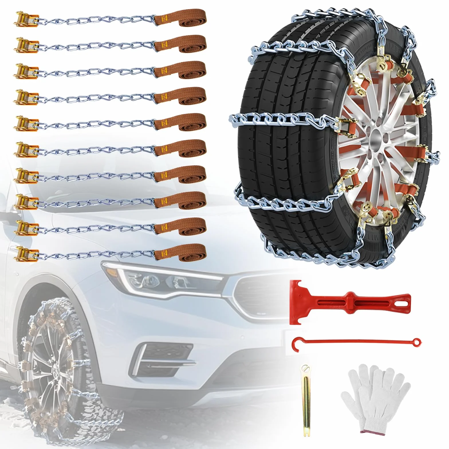 Cadenas Coche Nieve Acero al Manganeso 10Piezas Ninonly Cadenas Nieve Universales Emergencia para Vehículos Coche Camión SUV Aptas para 165-265 mm para Barro, Arena, Nieve, Hielo, Escalada