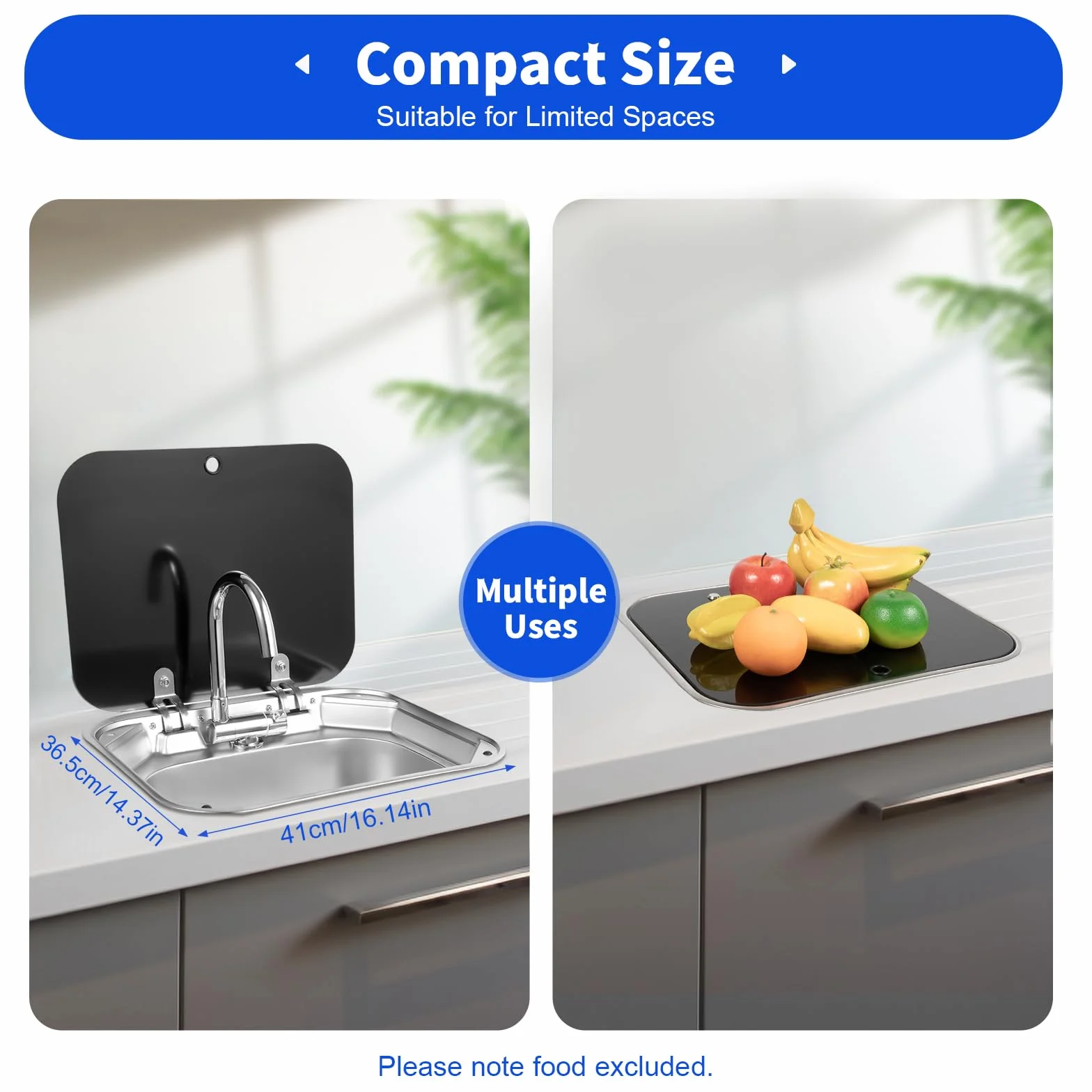 Lavabo de mano RV, 41 x 36,5 x 16 cm, de acero inoxidable, lavabo de un solo cuenco, RV, para camping, fregadero de caravana con grifo para cocinas pequeñas, bares, hoteles