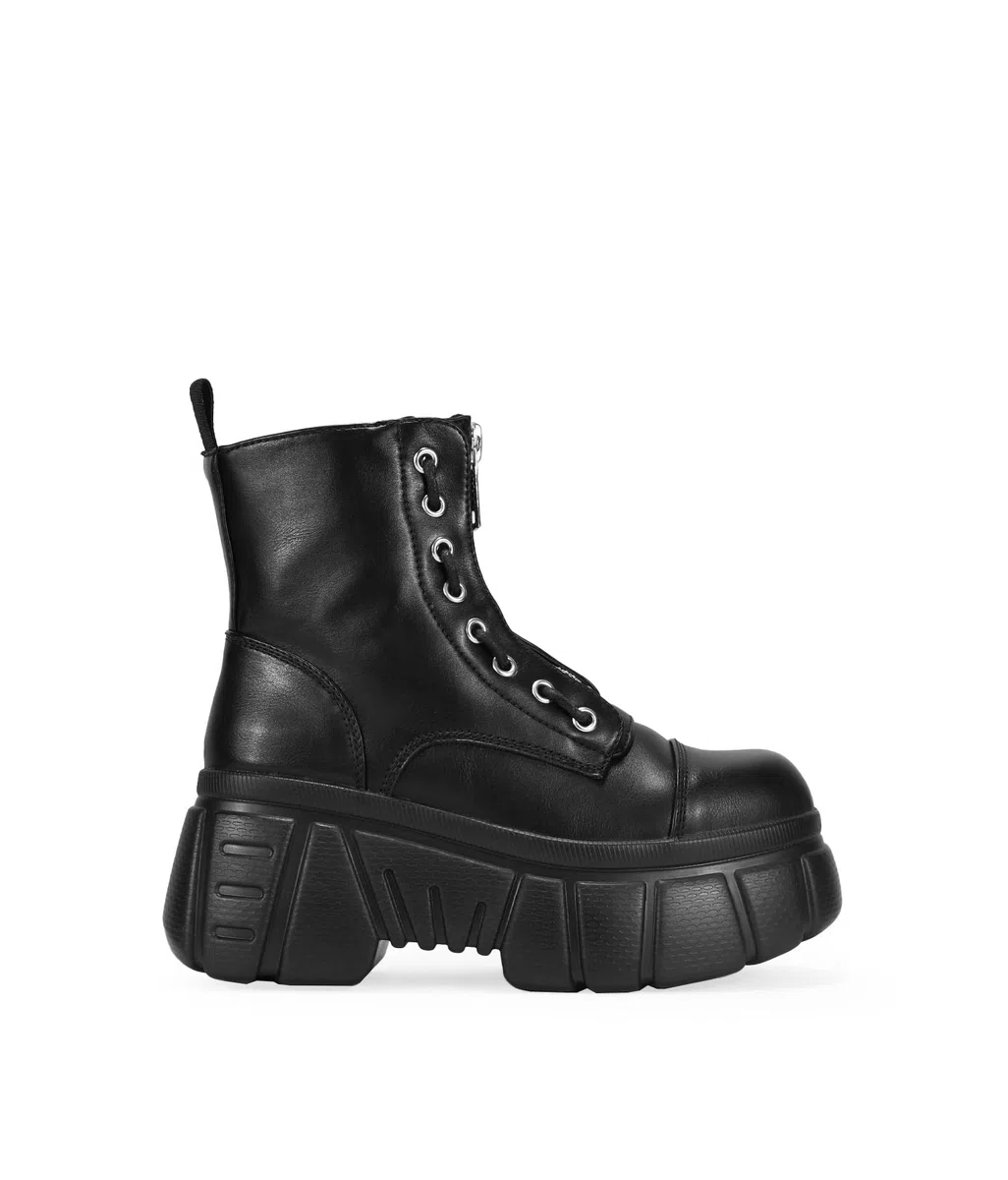 BOSANOVA Botas Militares confeccionadas en Piel Vegana con Detalle de Cremallera Frontal, Cordones Laterales Decorativos y Suela Track de 7 cm. Cierre con Cremallera. Calzado para Mujer