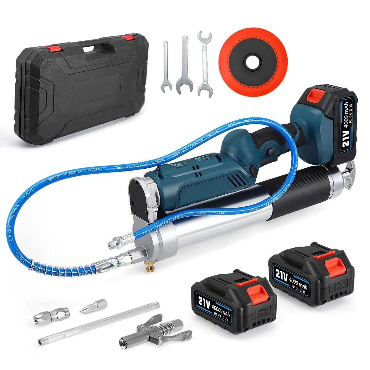 Pistola de grasa eléctrica, 12000 PSI de alta presión, 21 V inalámbrica con 2 x 4,0 Ah baterías y cargador, capacidad 600 ml, luz LED, flexible para lubricación de coche, camión, granja