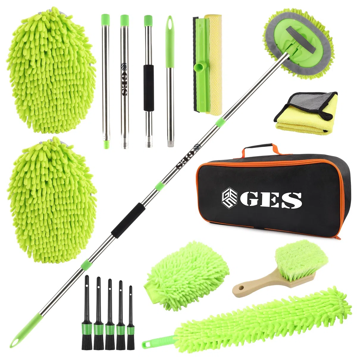 GES Mopa de lavado de coche 62 pulgadas, cepillo telescópico, escobilla de goma, kit limpieza microfibra 3 en 1, bolsa de almacenamiento