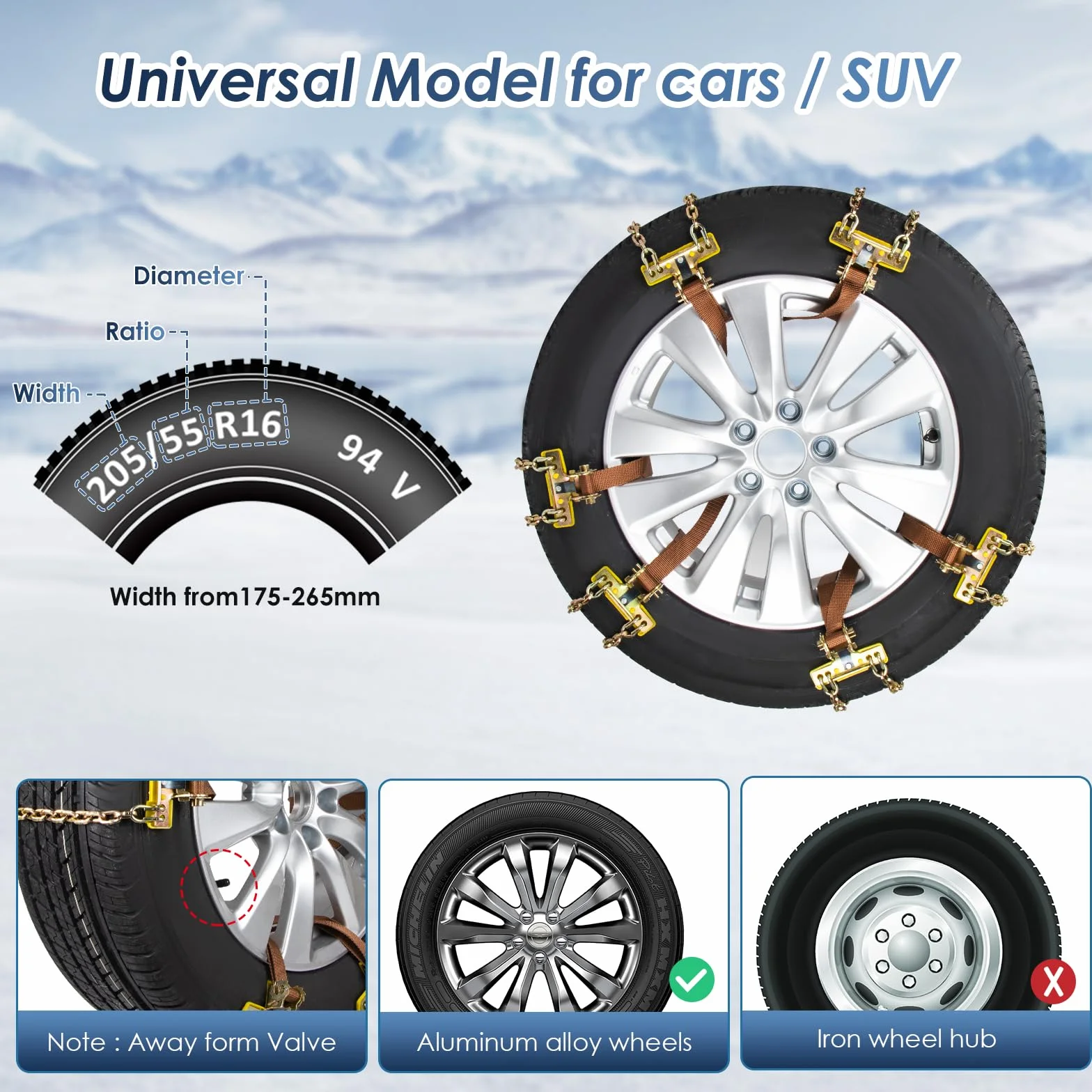 Ninonly Cadenas de Nieve para Coche 6 Piezas Universal Cadenas para Coche con Pala de Nieve de Plástico y Guantes Cadenas para Nieve Fácil de instalar para Automóviles SUV Ancho Neumático 165-265mm