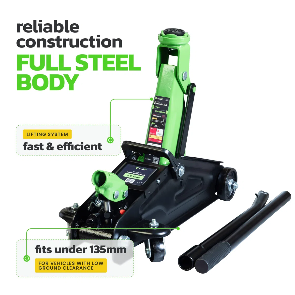 Cric hidráulico de 2 toneladas DRIVEUPTOOLS con maleta de transporte – Altura de elevación 13,5–34 cm – Compacto y robusto para coches y SUV – Herramienta confiable de 2000 kg para garaje y taller