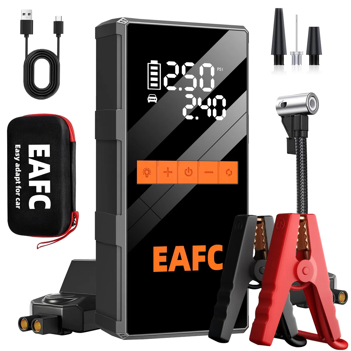 4000A Arrancador de Baterias de Coche con Compresor 150 PSI, Arrancador de Coches Portatil 12V (hasta 10L Gasolina/5L Diesel), Arrancador Bateria Moto con Pantalla LED, LED, USB-C, Bolso de Mano