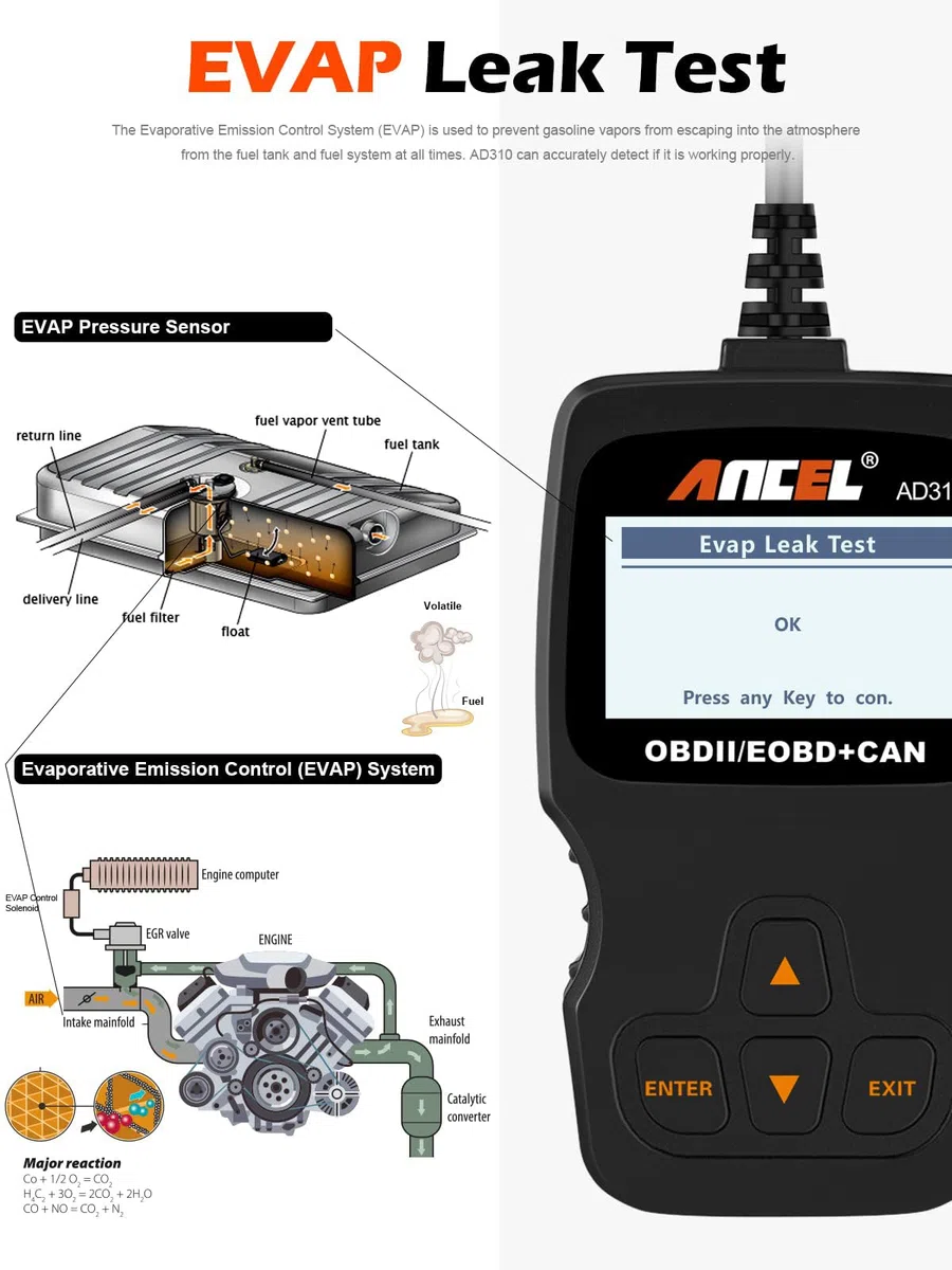 ANCEL AD310 Máquina de Diagnosis OBD2, Diagnostico Coche Multimarca apoya español, Escáner, Lector de Código para Automóvil, Sensor de O2, Sistema EVAP, Prueba de Smog, Herramienta de Escaneo