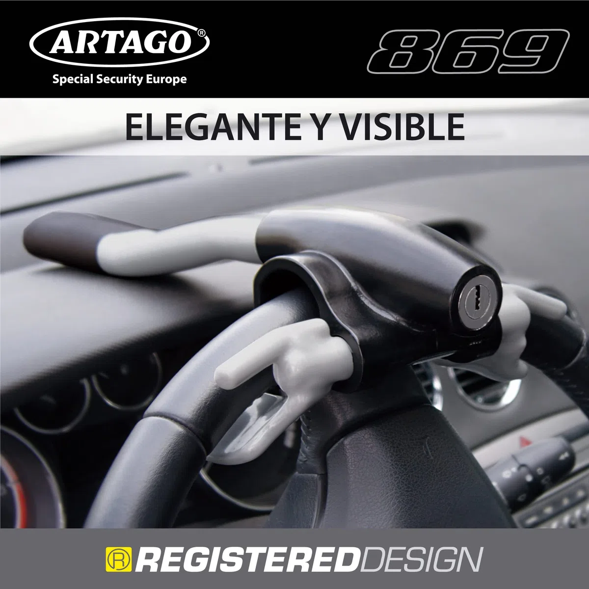 ARTAGO 869 Antirrobo Coche Alta Gama, Bloqueo Volante Más Seguro Alrededor del Radio, Cierre Alta Seguridad Press & Click Más Práctico, Cepo Barra Universal para Auto SUV Camper Autocaravana
