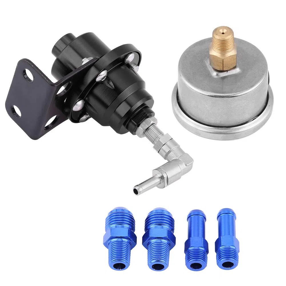 Regulador de presión de combustible ,9 . 5cm 160psi Universal alto rendimiento aluminio Regulador de presión de combustible ajustable 1 :1 Kit de medidor de aceite Para Coche(Negro)
