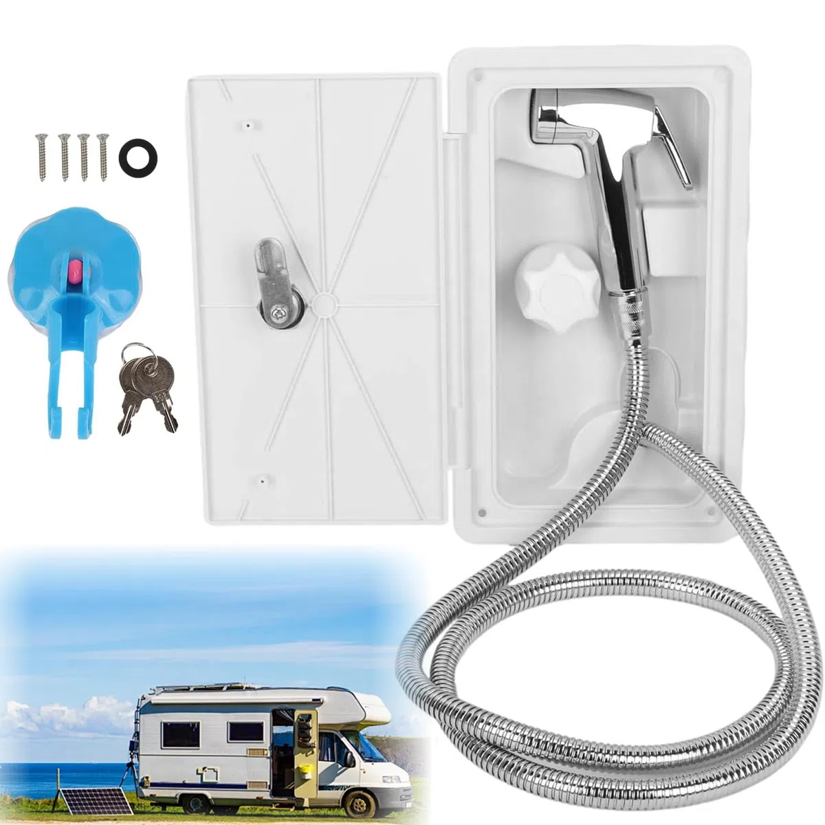 Ducha con cremallera, 23 x 11,5 cm, con cremallera, ducha exterior, ABS, resistente a los rayos UV, con ajuste de botón, interruptor de frío/calor, adecuado para caravanas, remolques, caravanas