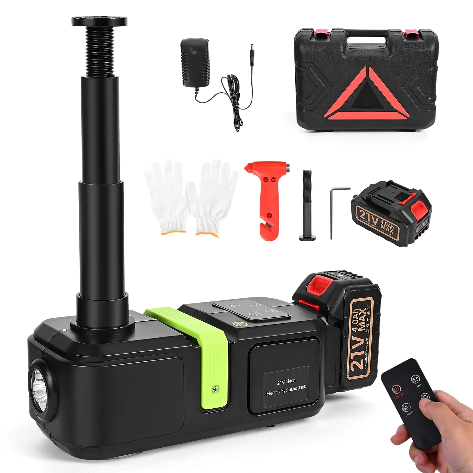 Gato eléctrico para coche de 21 V, dispositivo de elevación de 5 T con batería de 4000 mAh, símbolo de advertencia y luz LED, altura de elevación de 150-540 mm, adecuado para automóviles, SUV