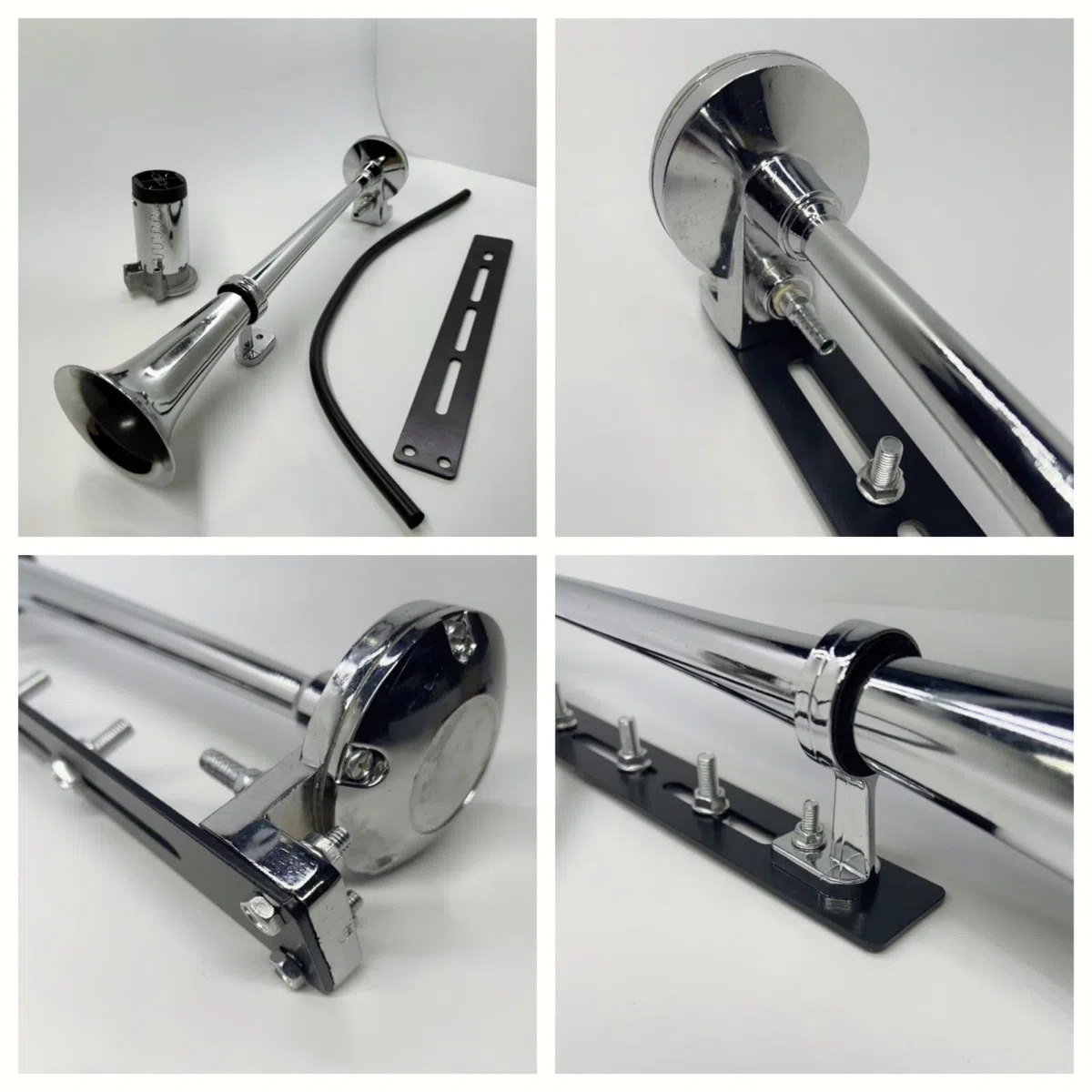 Bocina de aire para coche, cuerno de camión, diseño innovador y accesorios ajustables, altavoz fuerte, 150 dB, plateado, cromo, zinc, trompeta individual con compresor para coche de 12 V