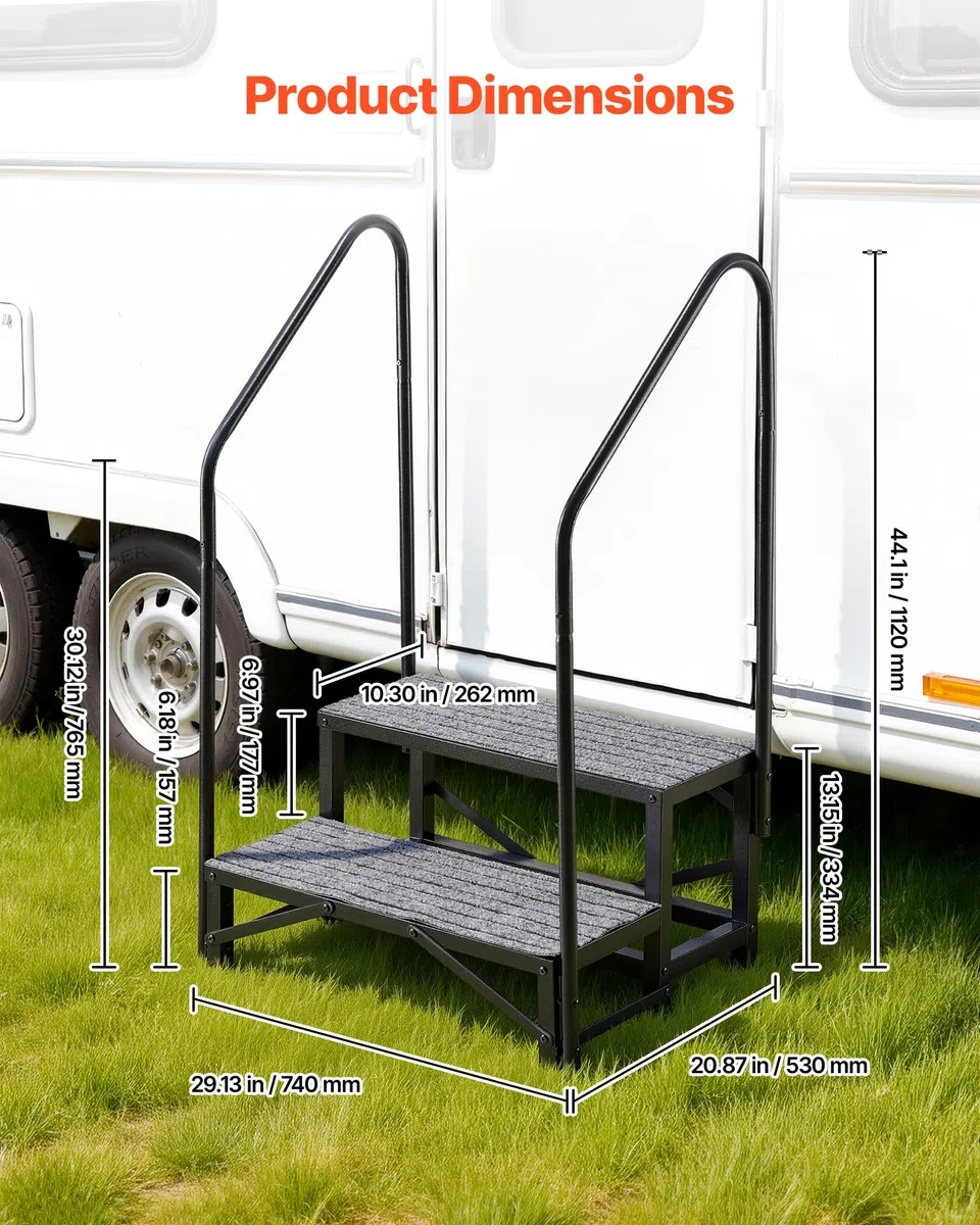 VEVOR Escalera para Autocaravana de 2 Peldaños Carga de 299,38 kg, Escalera con Pasamanos Doble con Alfombrilla Antideslizante, para Personas Mayores y Mascotas, Portátil para Jacuzzi, Caravana