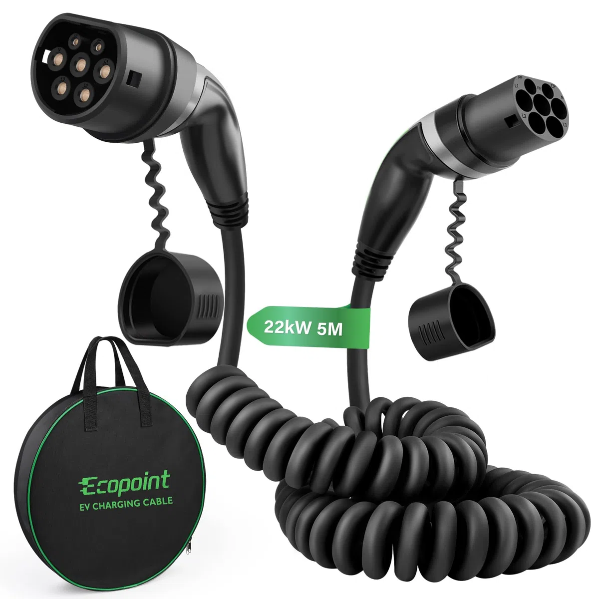 Cable de carga tipo 2 para vehículos eléctricos, 22 kW, portátil de 3 fases, 32 A, Mennekes Mode 3 cable de carga para EV y PHEV (cable espiral de 5 m)
