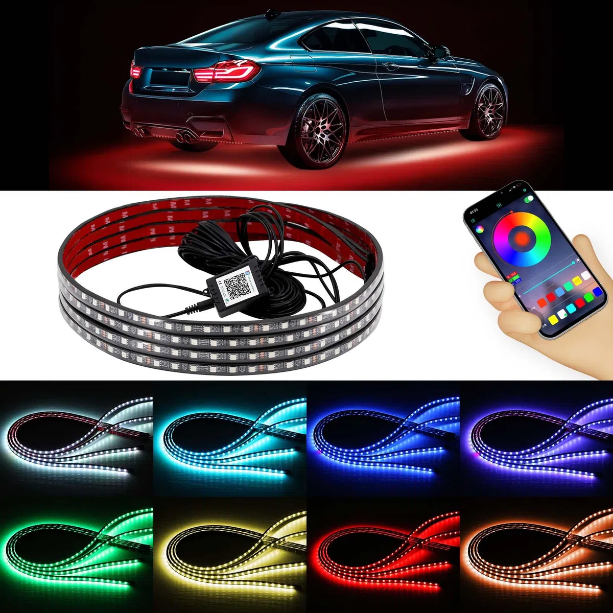 Kit de tira de luz subterránea para coche, kit de iluminación LED para debajo de la carrocería, luces LED RGB para correr, tiras LED RGB, control de aplicación Bluetooth, luces de ambiente