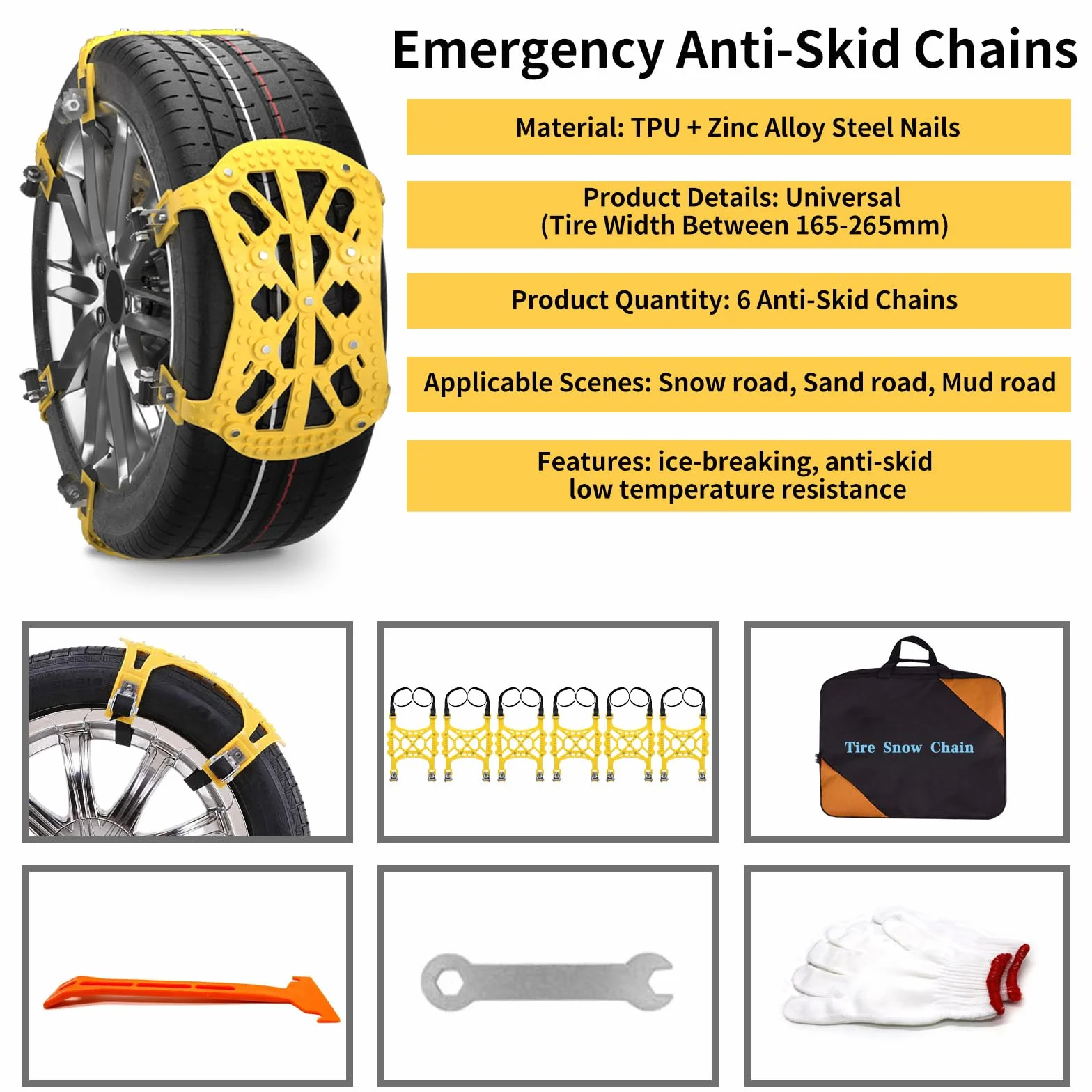 Cadenas coche nieve,adecuadas para neumáticos de 165~265 mm de ancho,6 paquetes de cadenas coche nieve universal,aptas para coches,SUV y ATV,cadena nieve,205 55 r16 215 55 r18 215 65 r16/r17/ r18 etc