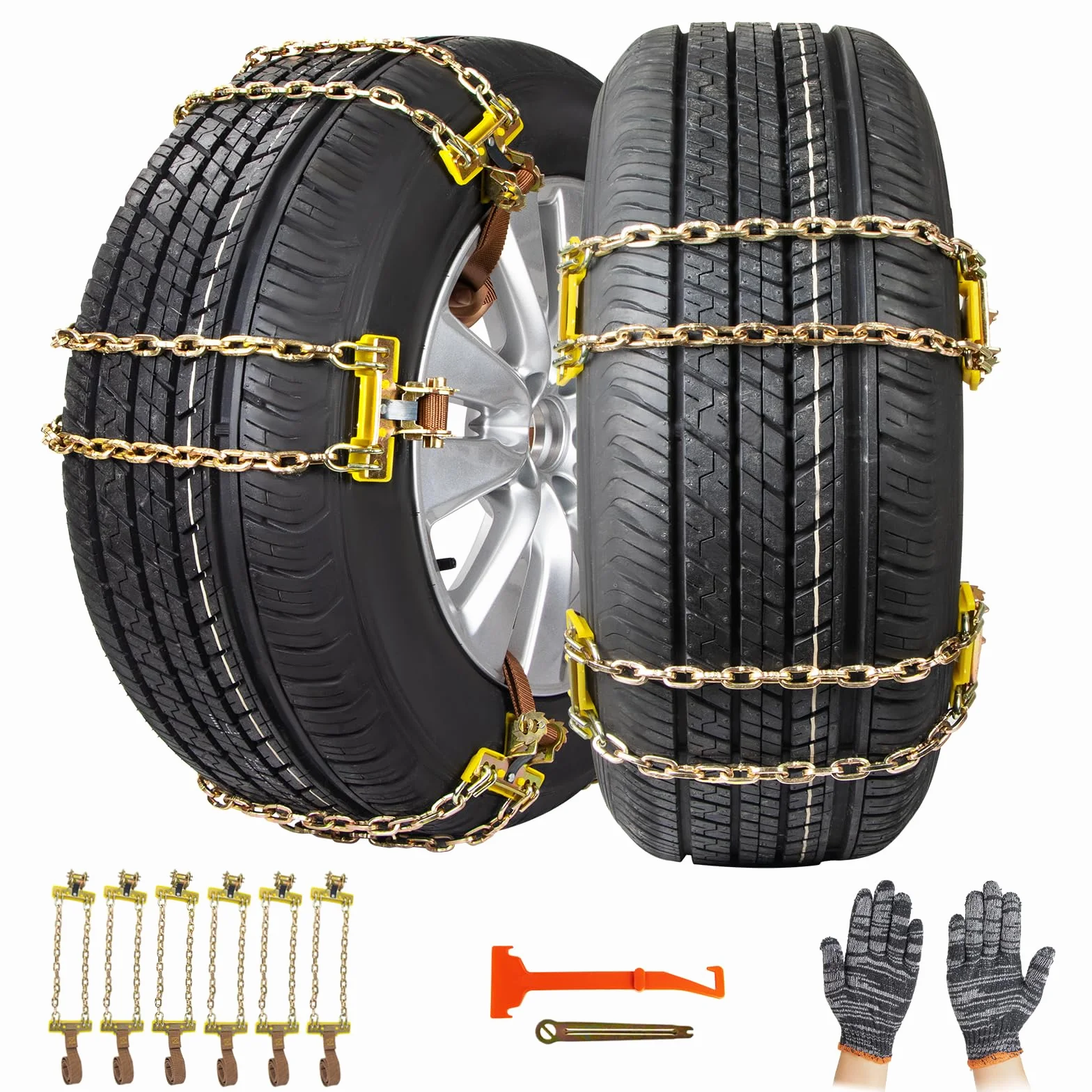 Ninonly Cadenas de Nieve para Coche 6 Piezas Universal Cadenas para Coche con Pala de Nieve de Plástico y Guantes Cadenas para Nieve Fácil de instalar para Automóviles SUV Ancho Neumático 165-265mm