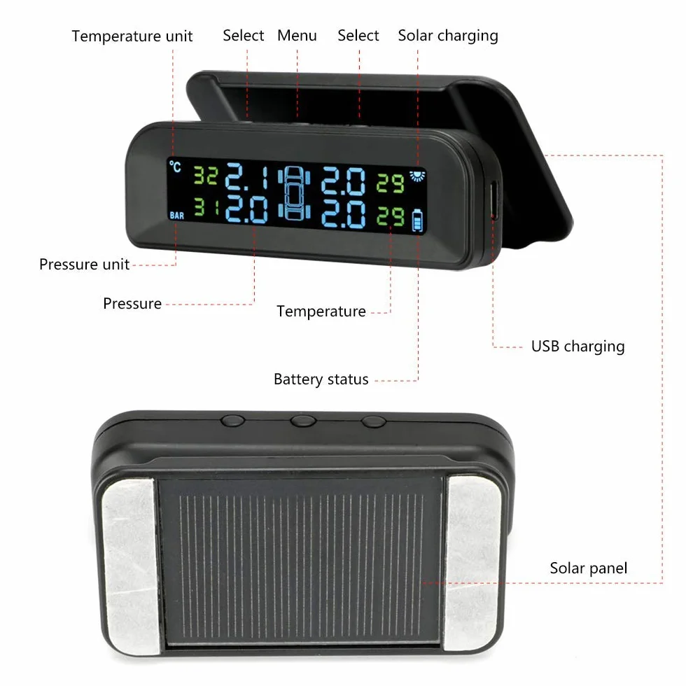 Jansite TPMS Sistema de monitoreo de presión de neumáticos solar 22-87Psi montaje en parabrisas con 4 sensores externos para coche en tiempo real sistema de alarma automática inalámbrica