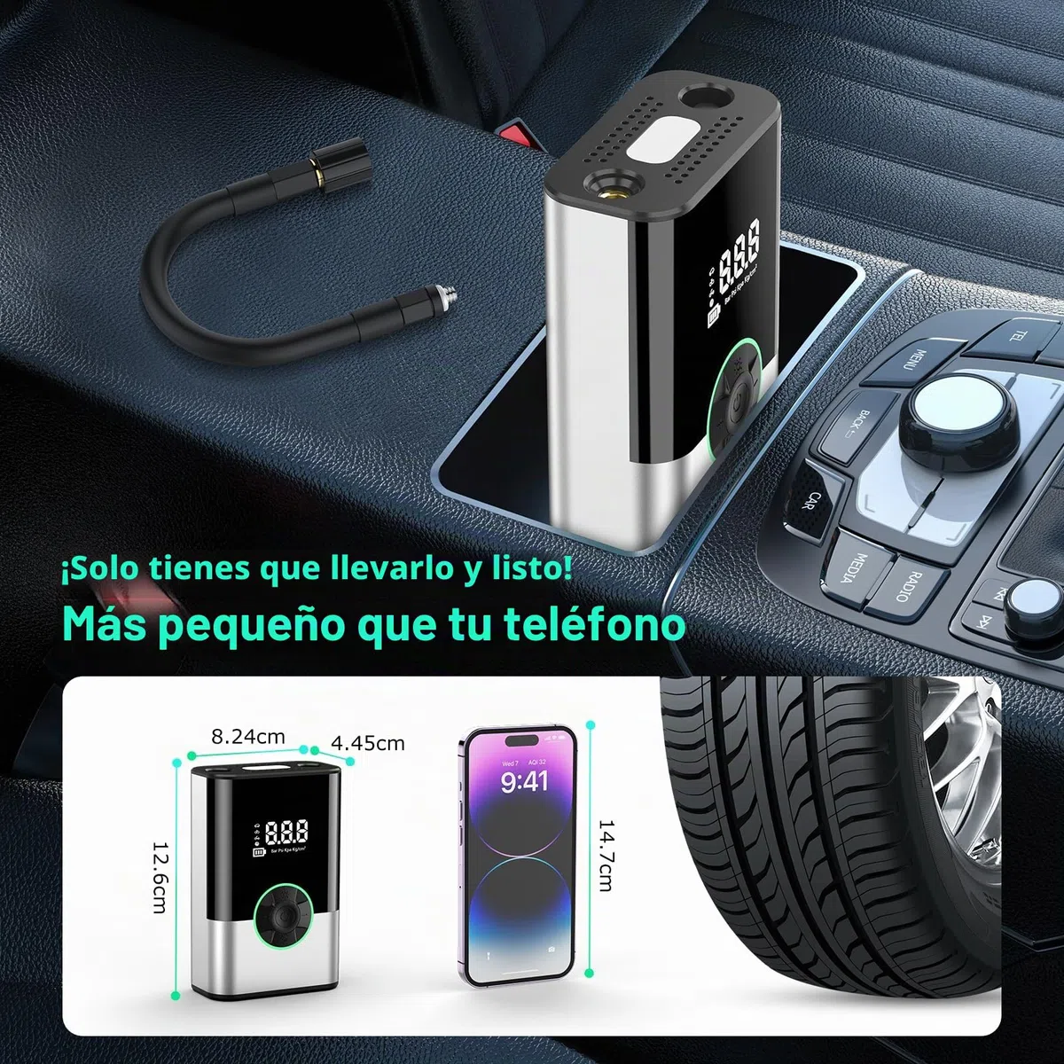 6000Mah Compresor Aire Portatil, 150PSI Inflador Ruedas Coche Mini Bomba de Aire Bicicleta Electrica con Pantalla LCD Digital y Linterna LED，con 4 Boquillas para Coches, Motos