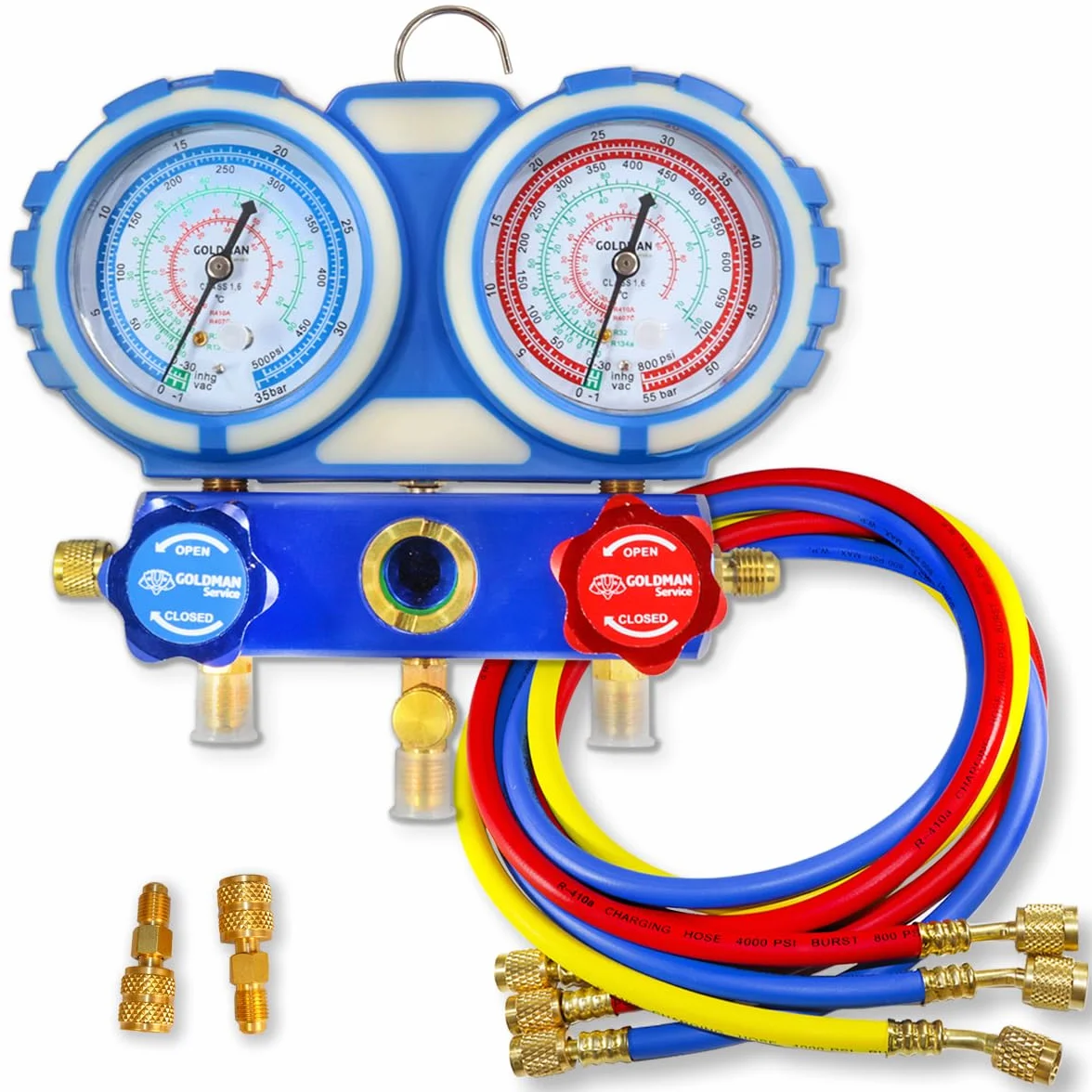 GOLDMAN SERVICE | Kit Manómetro Aire Acondicionado con 3 Mangueras Carga y Medición de Gas Refrigerante Coche | R410A R407C R32 R134a