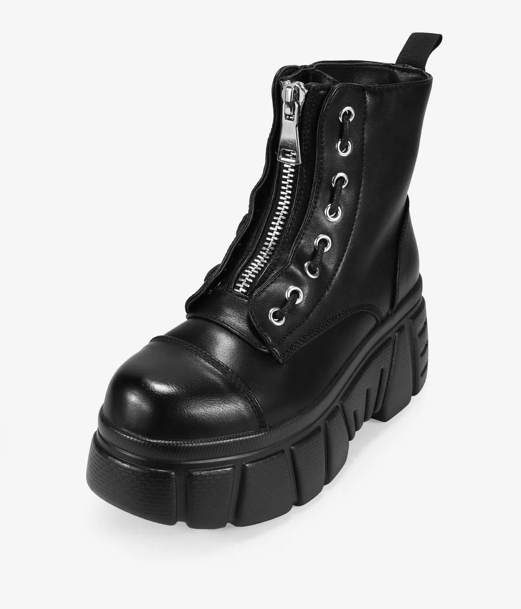 BOSANOVA Botas Militares confeccionadas en Piel Vegana con Detalle de Cremallera Frontal, Cordones Laterales Decorativos y Suela Track de 7 cm. Cierre con Cremallera. Calzado para Mujer