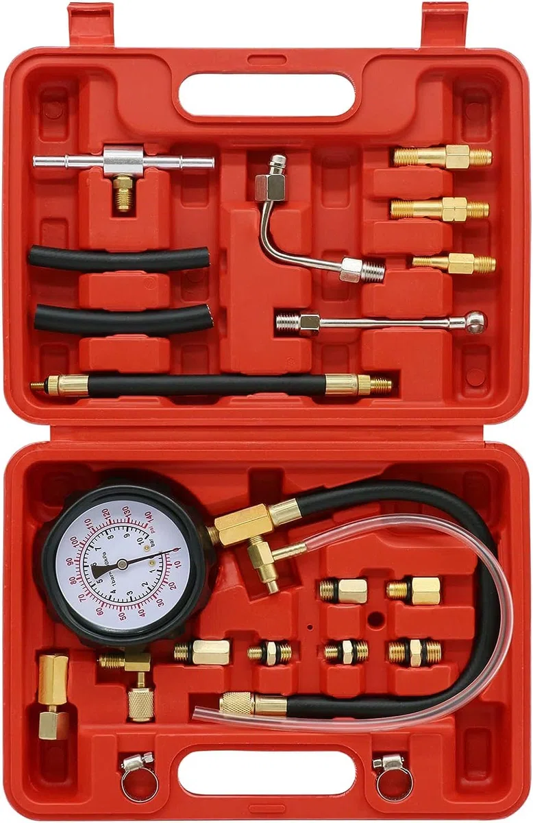 Probador de presión de combustible de compresión del motor, TU-114 kit de herramientas de diagnóstico de manómetros para cilindros diesel de bomba de gasolina para vehículos (0 - 140 PSI / 10 bar)